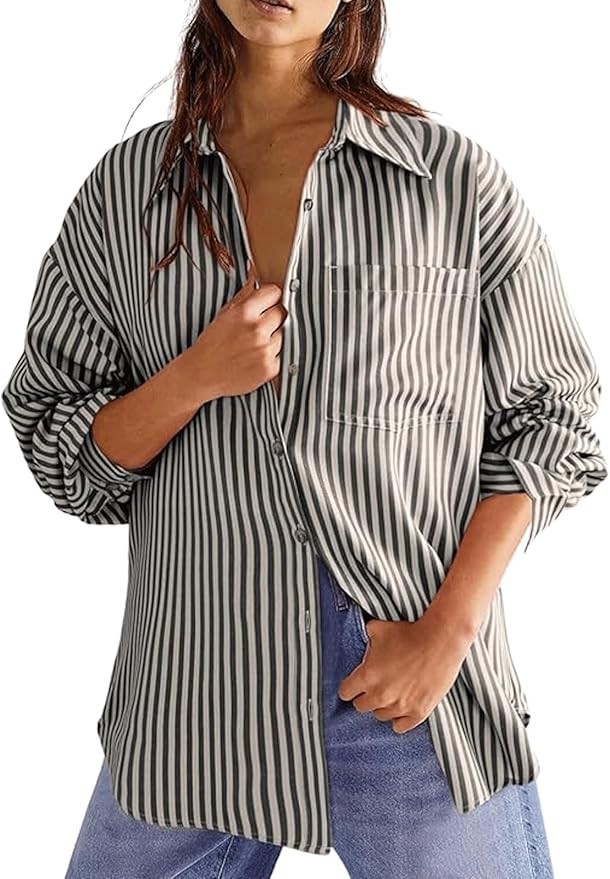 Women’s Dressy Striped Button Up Shirts Collared Long Sleeve Blouse Casual