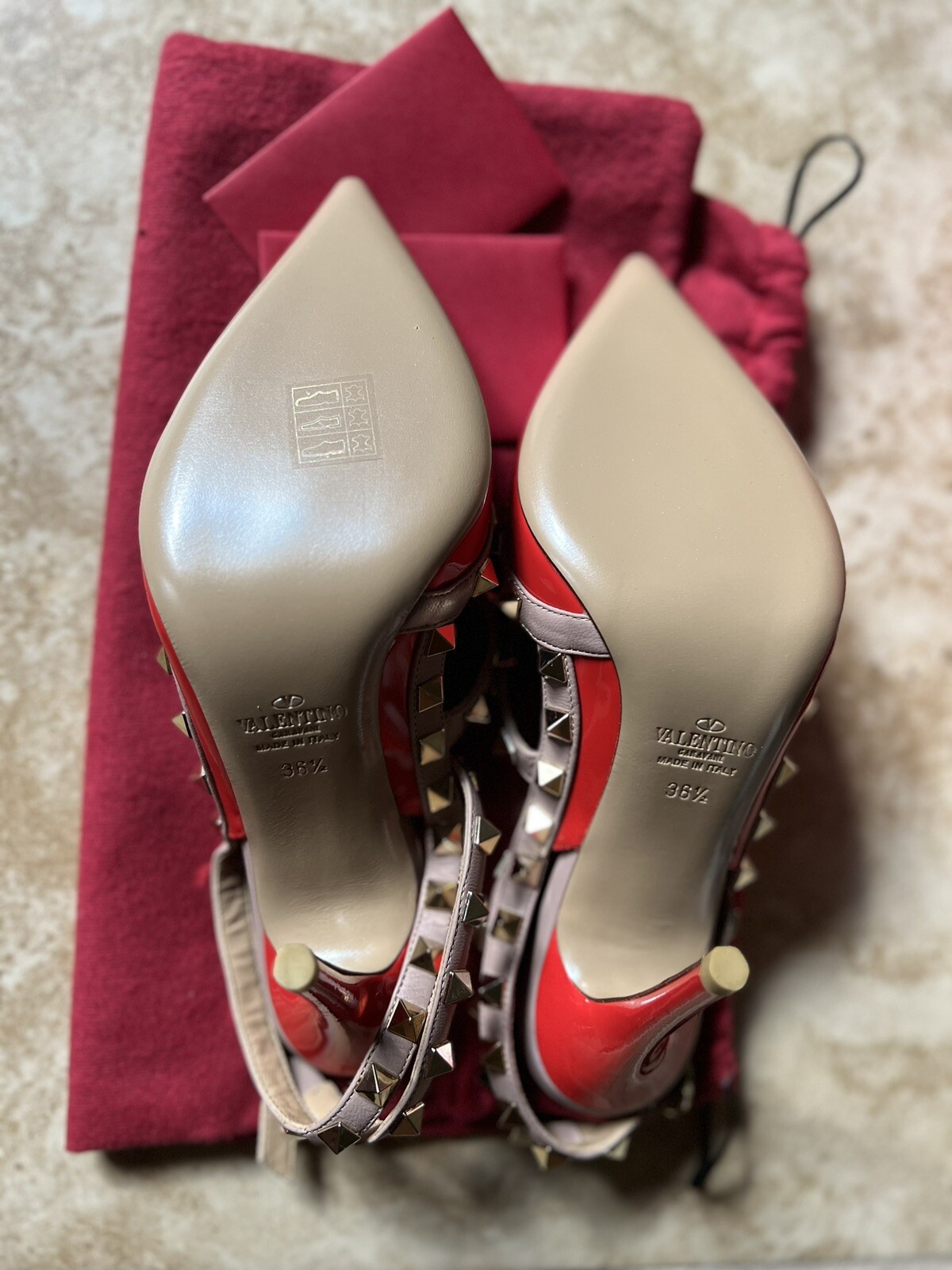 Valentino Studded Ankle Strap Stiletto Pointed Toe Leather Heels Red 36.5