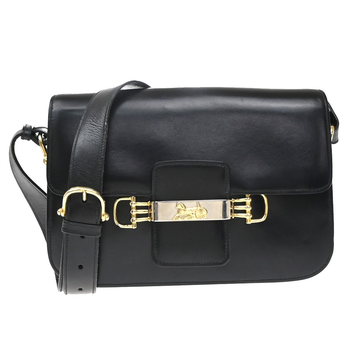 CELINE PARIS Logo Horse Carriage Shoulder Bag Leather Black Gold Italy 38KD451