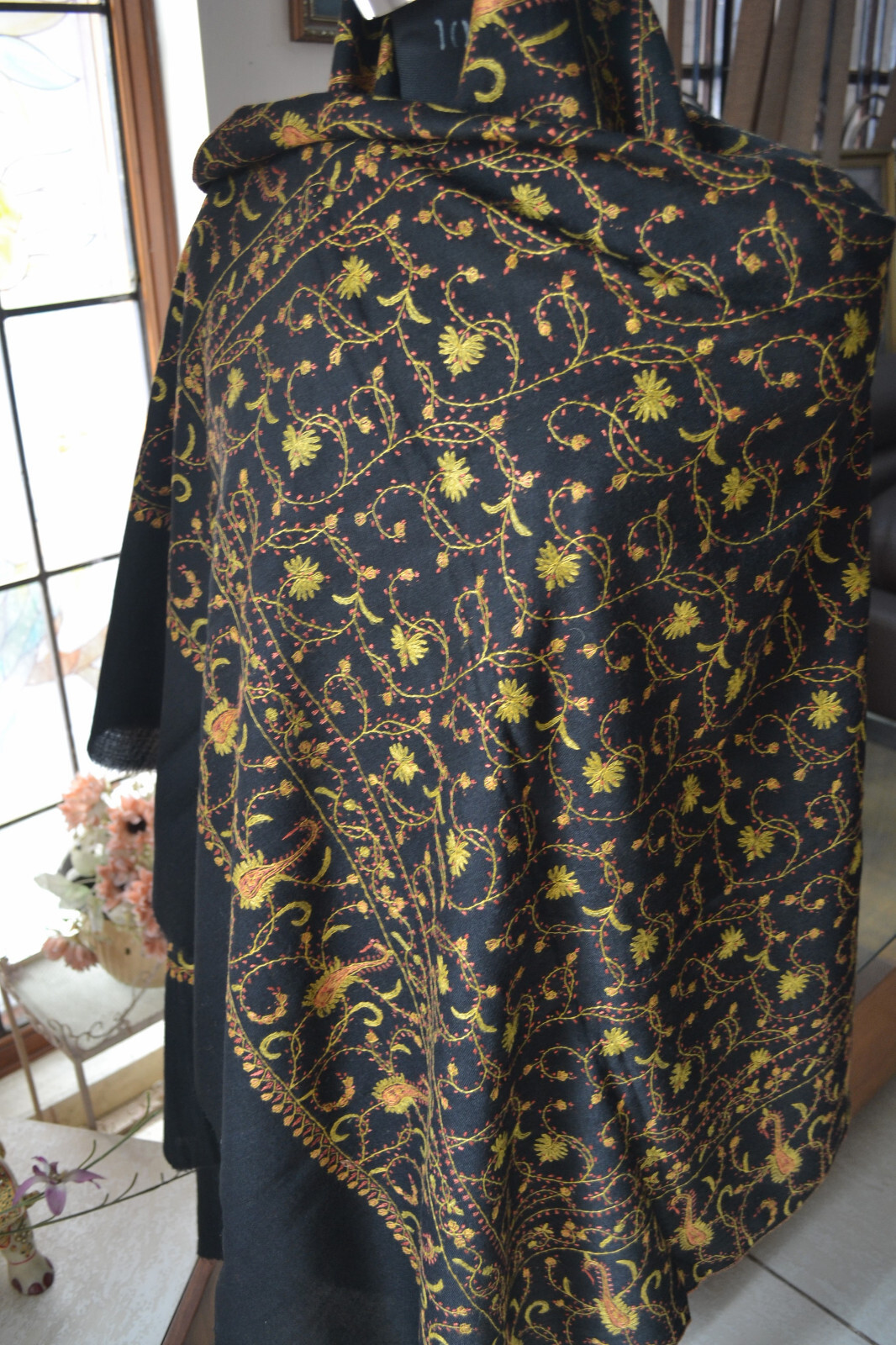 100% CASHMERE BLACK PASHMINA KASHMIRI EMBROIDERY INTRICATE JAAL SHAWL-16 DESIGNS