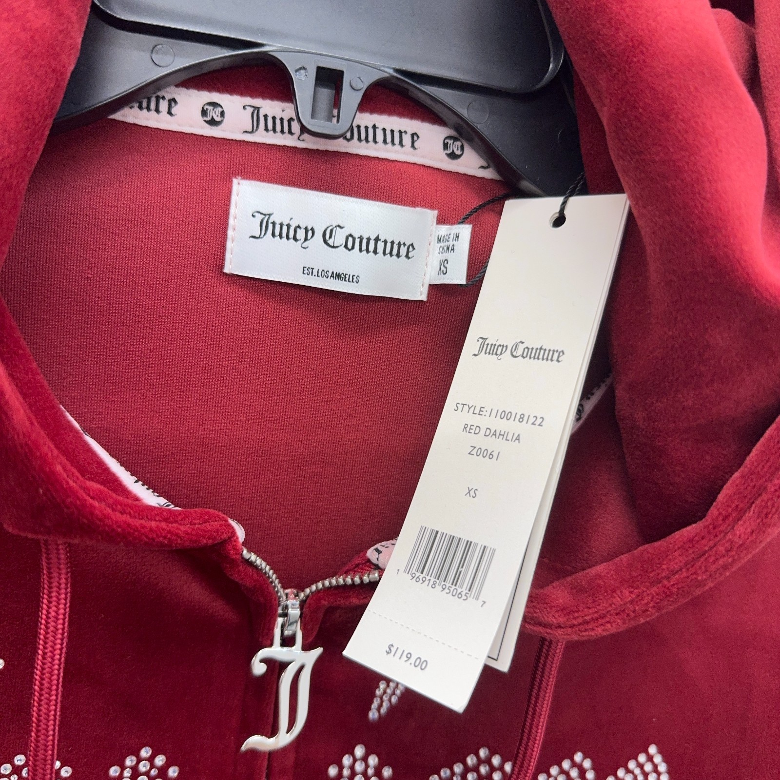 Juicy Couture Red Velour Bling Front Full Zip Hoodie Women’s Size XS NEW