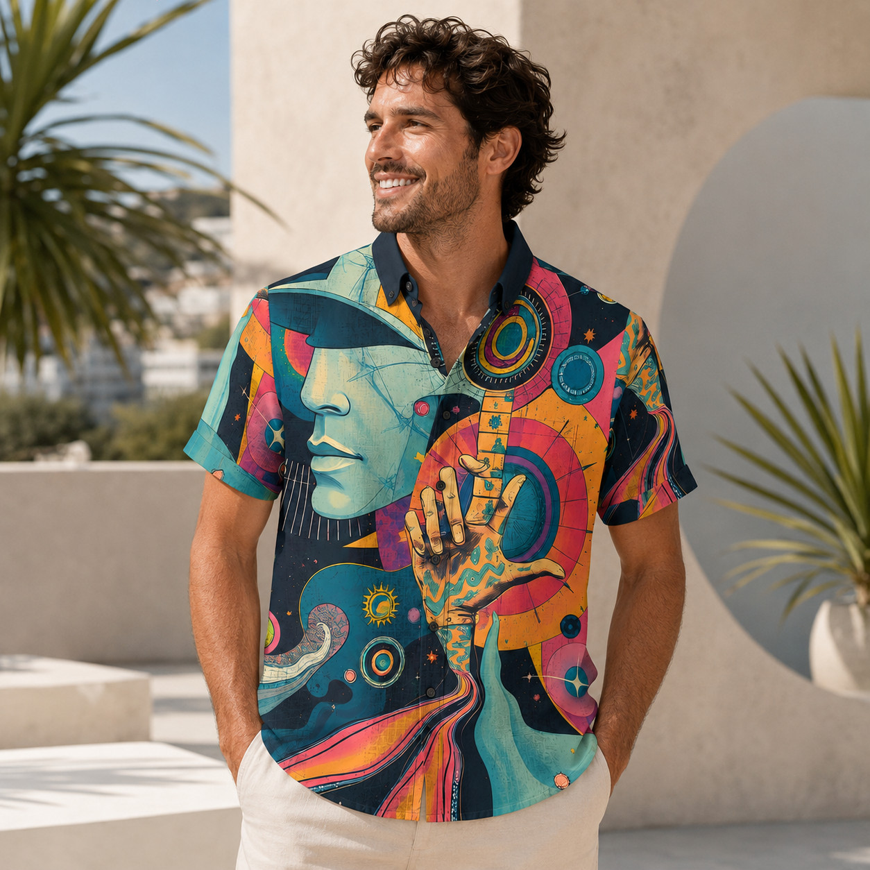 Psychedelic Abstract Art Hawaiian Shirt, Retro 70s Trippy Button Down Hippie