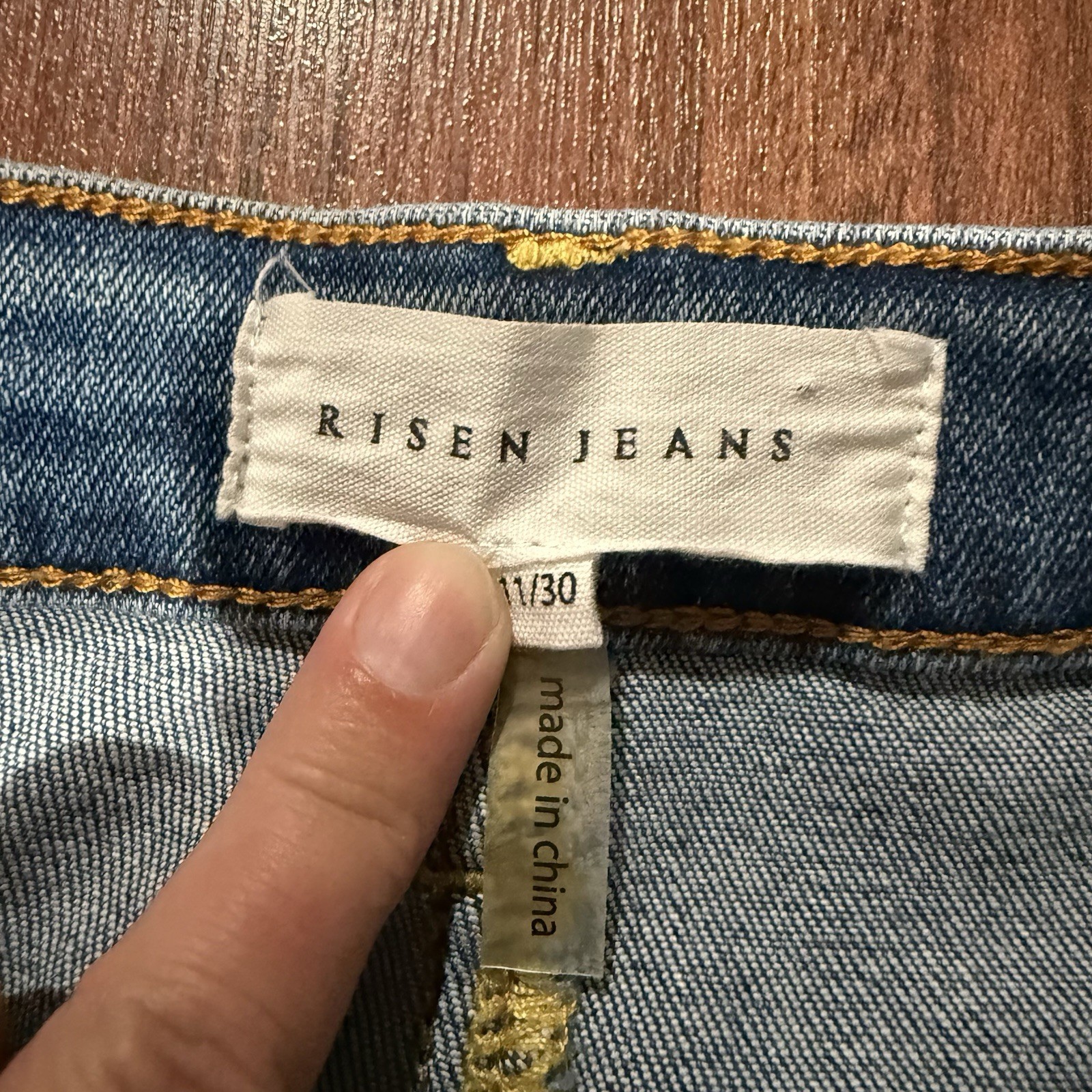 Risen Jeans High Rise Front Slit Frayed Flare Distressed Blue Denim Sz 11/30
