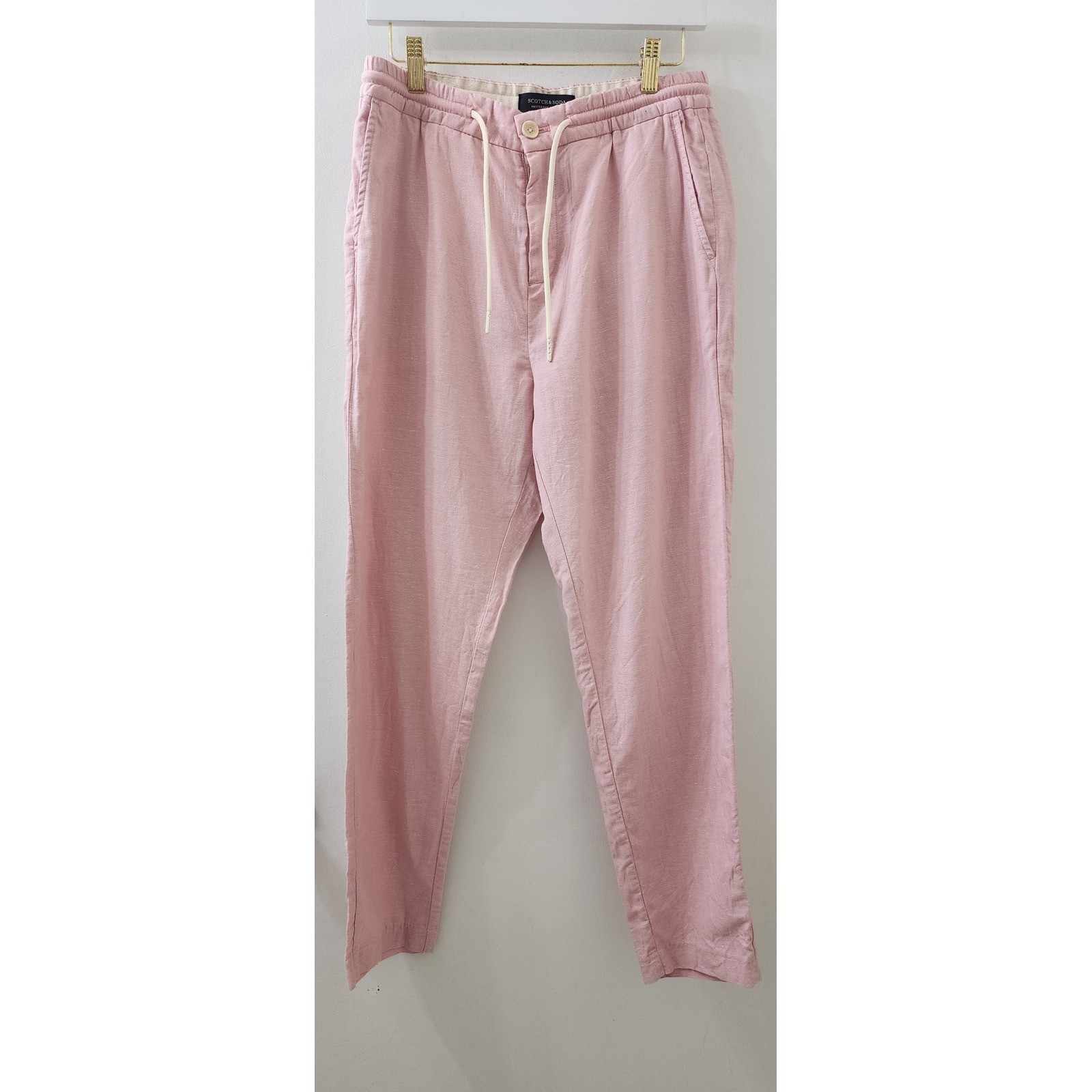 Scotch & Soda Mens Pink Linen Blend Herringbone Drawstring Trousers Pants 30×27