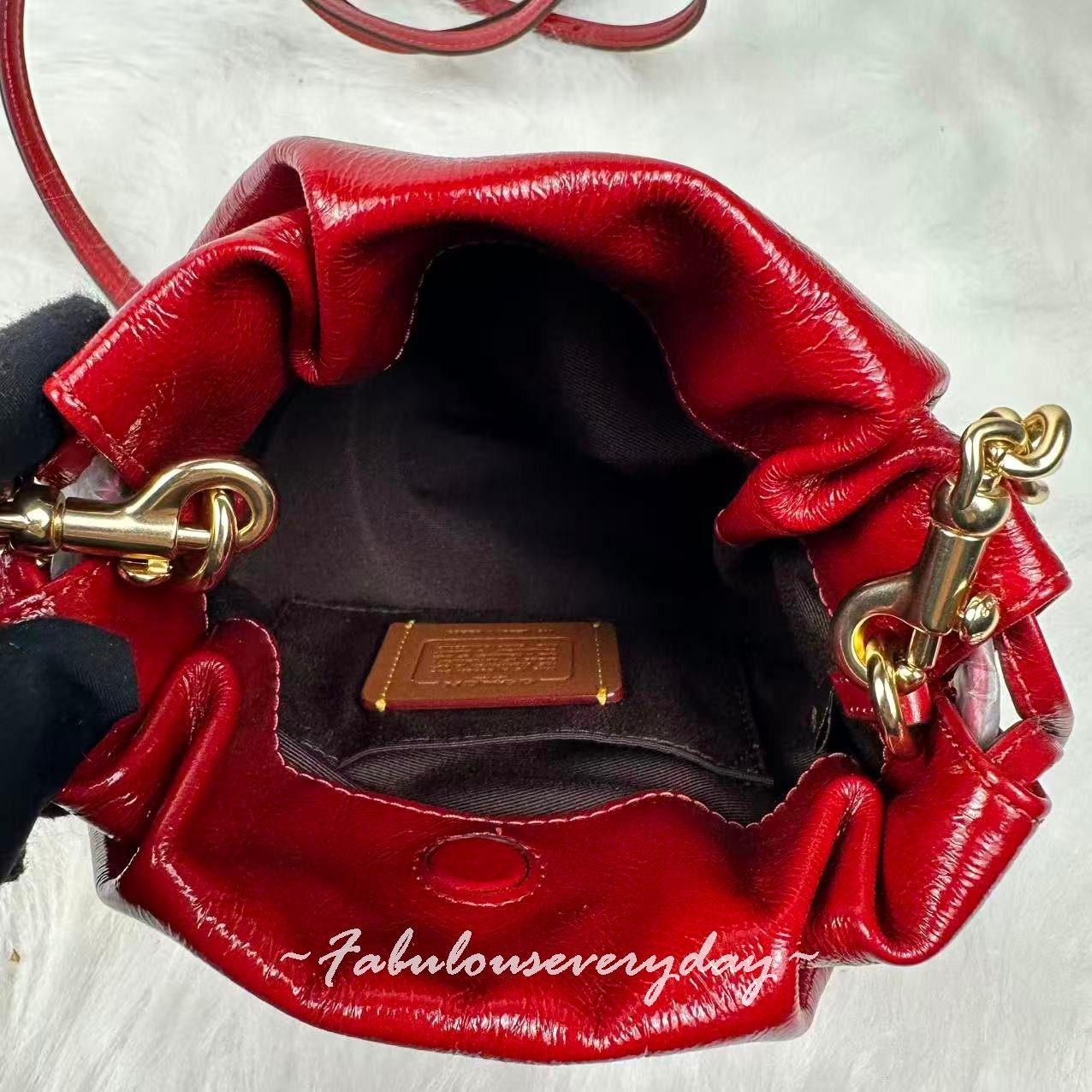 Coach Faye Mini Drawstring Bag In Crinkle Leather/Gold/Dark Cardinal CDB68 NWT