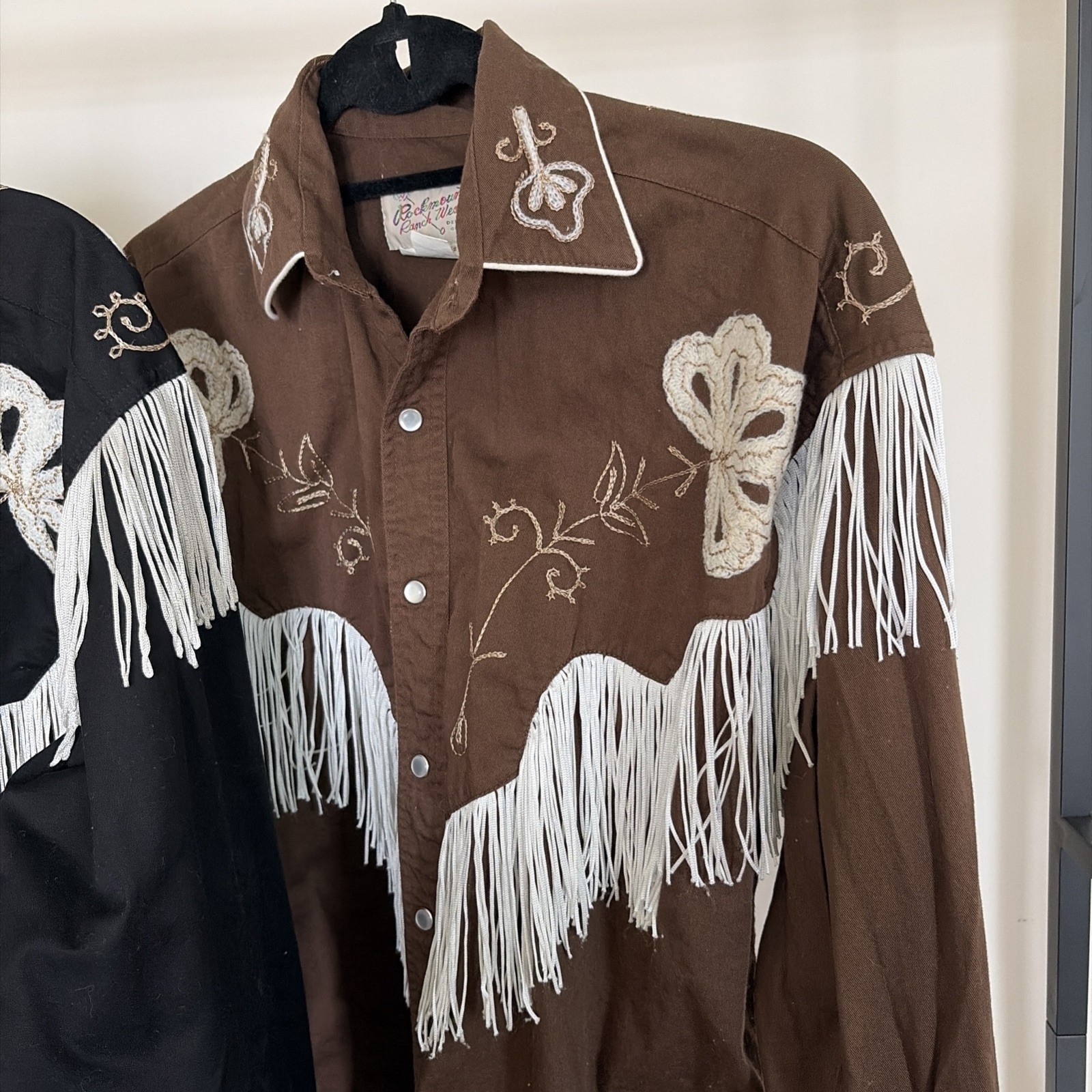 2 Tru-West Rockmount Ranch Wear Brown Black Long Sleeve Snap Fringed Mens Small