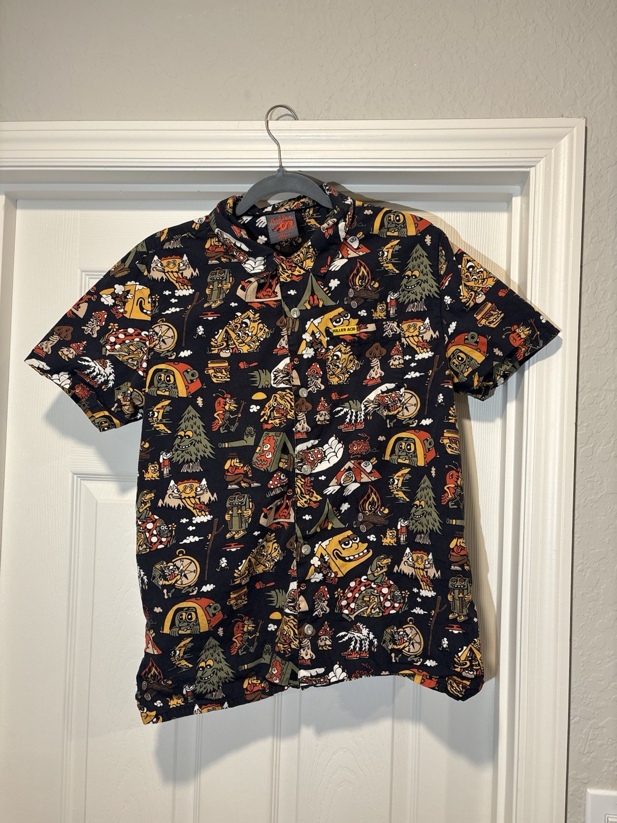 Killer Acid No Bad Trips Print Camp Shirt Button Up Mens Sz Small Mushrooms