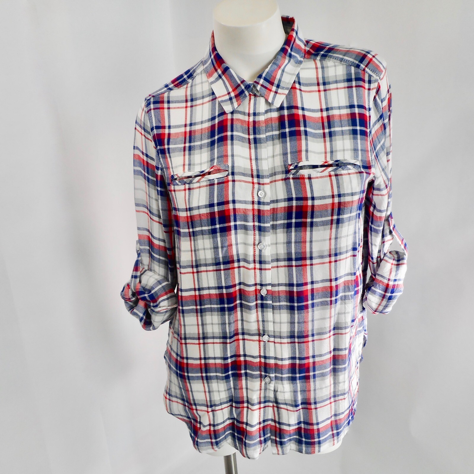Supply & Demand Shirt Womens Medium Red Blue Plaid Button Up Long Sleeve Western