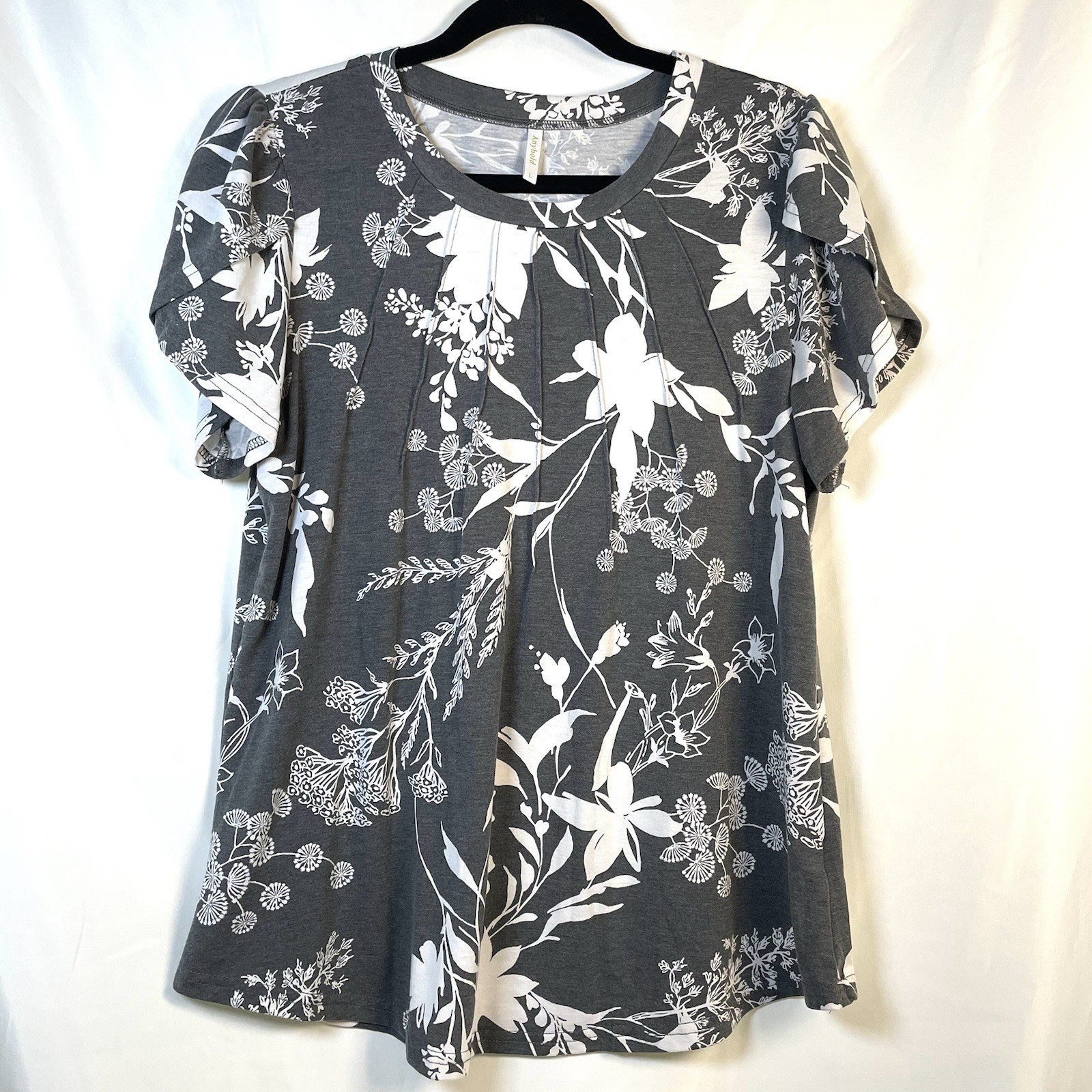 Anyhold Blouse Large Shirt Tunic Gray Cream Floral Cascading Short Petal Sleeve