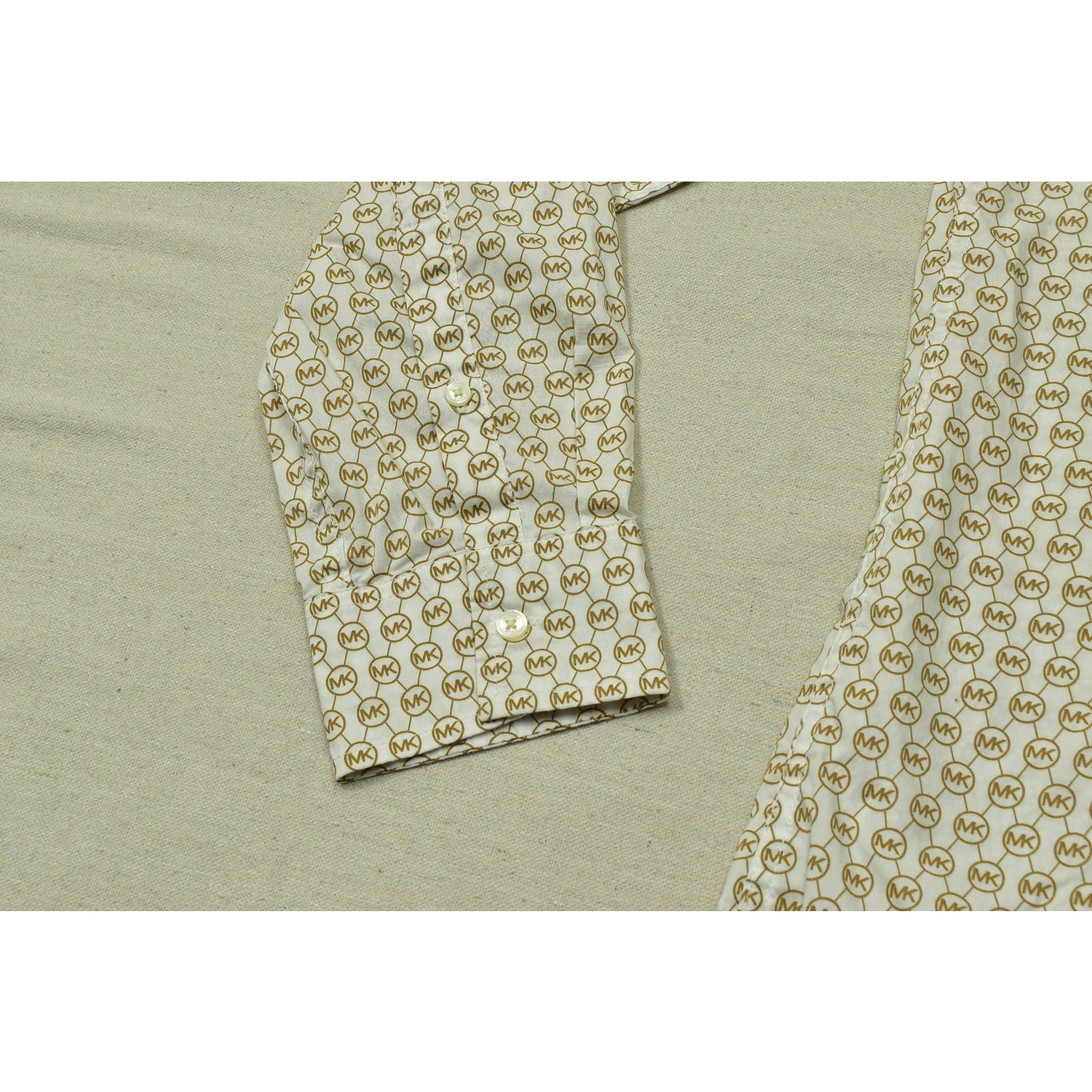Michael Kors Mens Large Slim Fit Button Down Shirt White Brown MK Monogram Logo