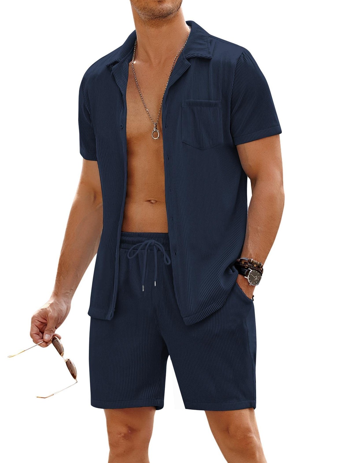 COOFANDY Men’s 2 Pieces Shirt Sets Short Sleeve Casual Button Down Hippie