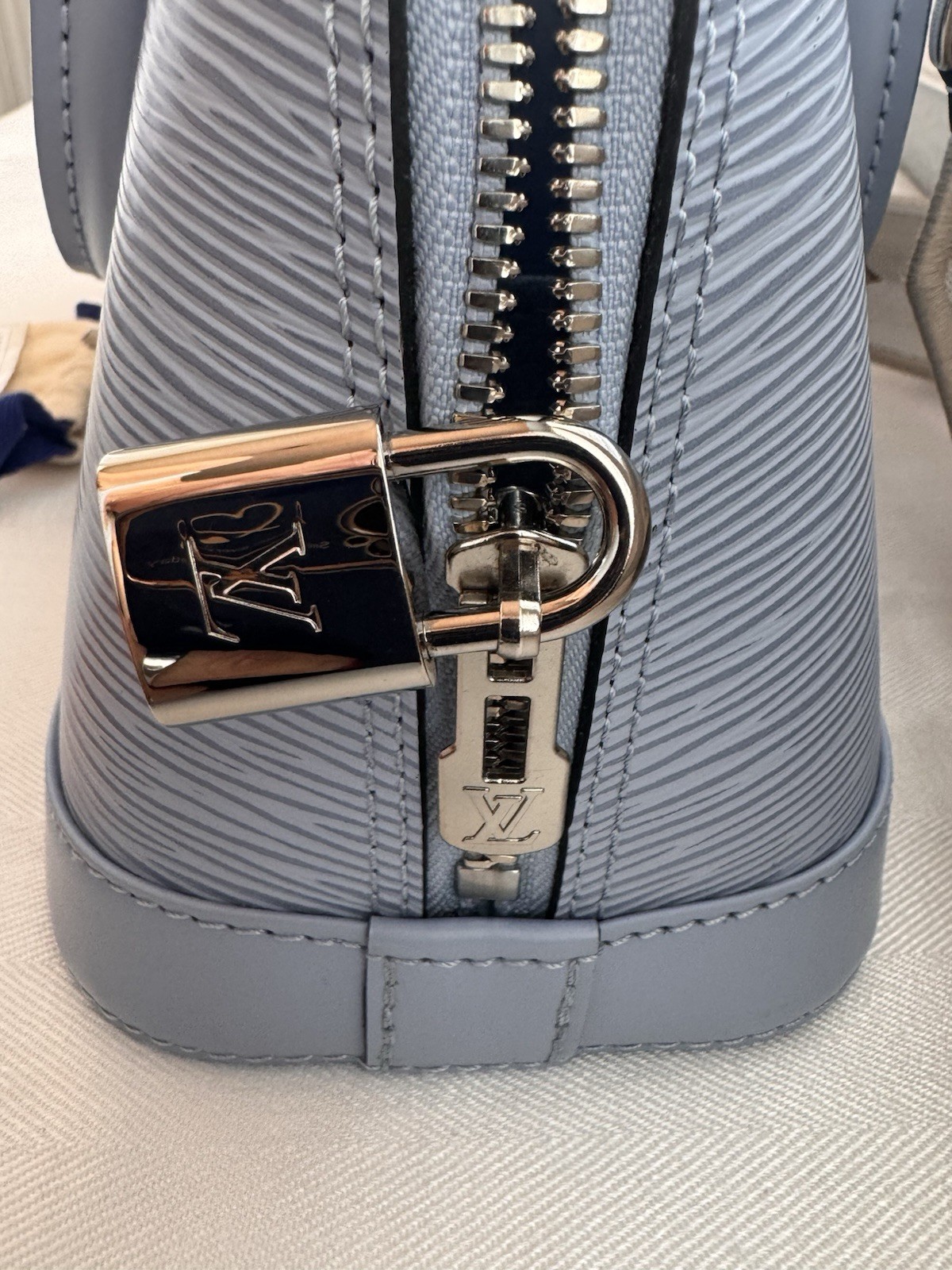 Louis Vuitton Alma Top Handle Bag BB Light Blue Epi Zip w/ Strap & Lock