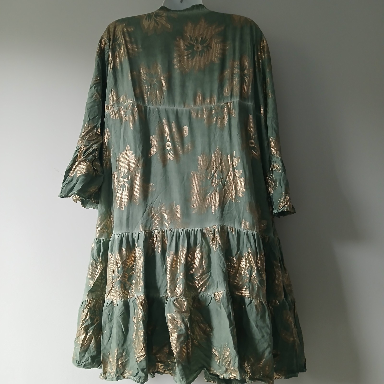 Jolie Moi Metallic Tiered Mint Green Floral Dress Boho Festival Whimsy Bell L