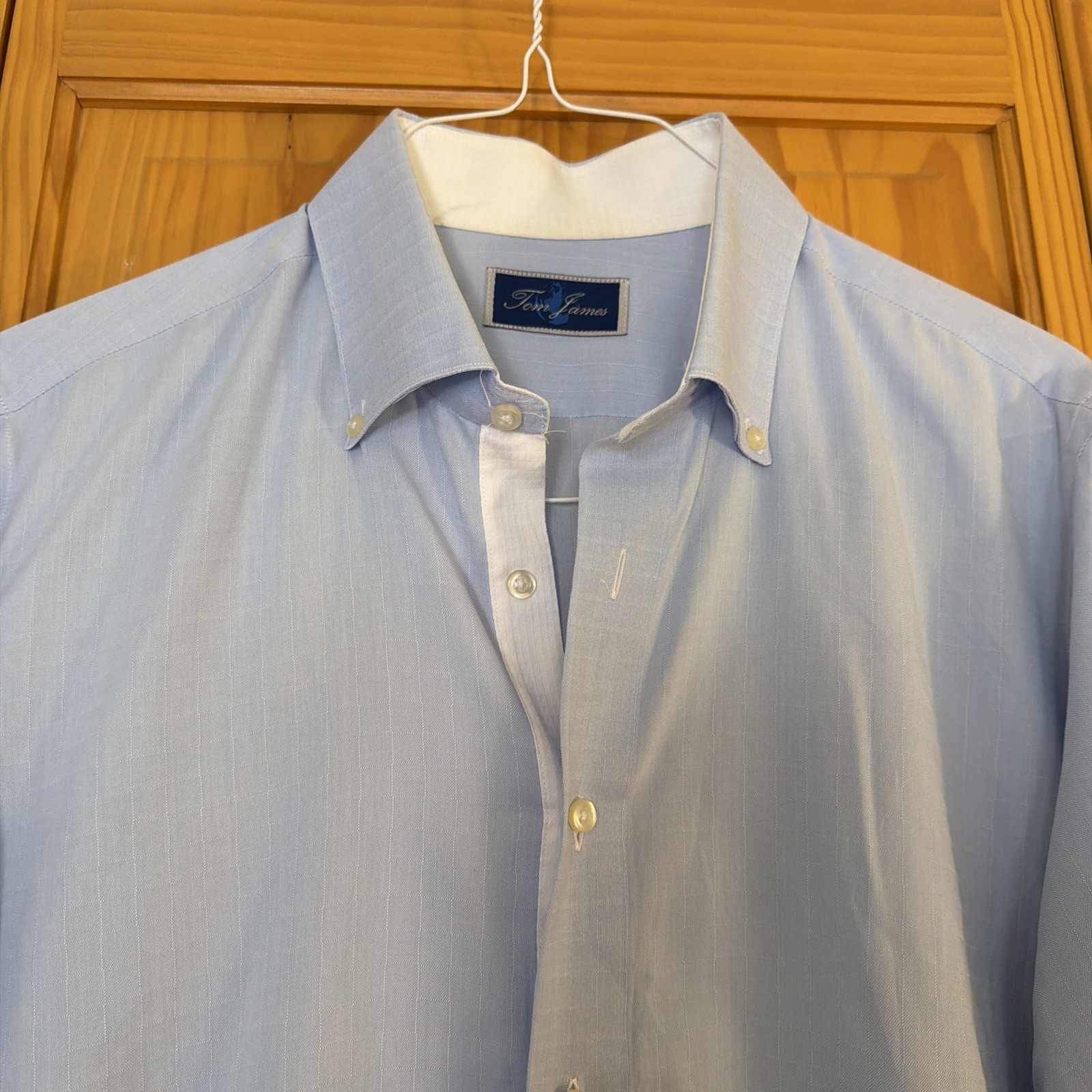 Tom James Men’s Custom Linen Cotton Dress Shirt Blue Button Down 17 1/2