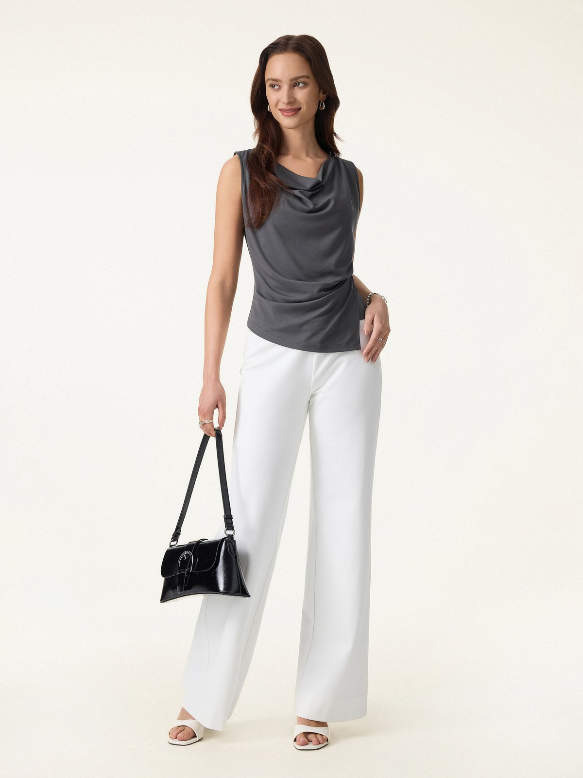 Cowl Neck Asymmetrical Tucked Sleeveless Top