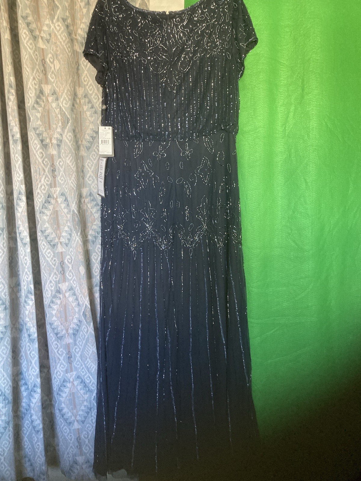 Adrianna Papell Size 14 Blue Beaded Sequin Mesh Long Gown, Short Sleeve