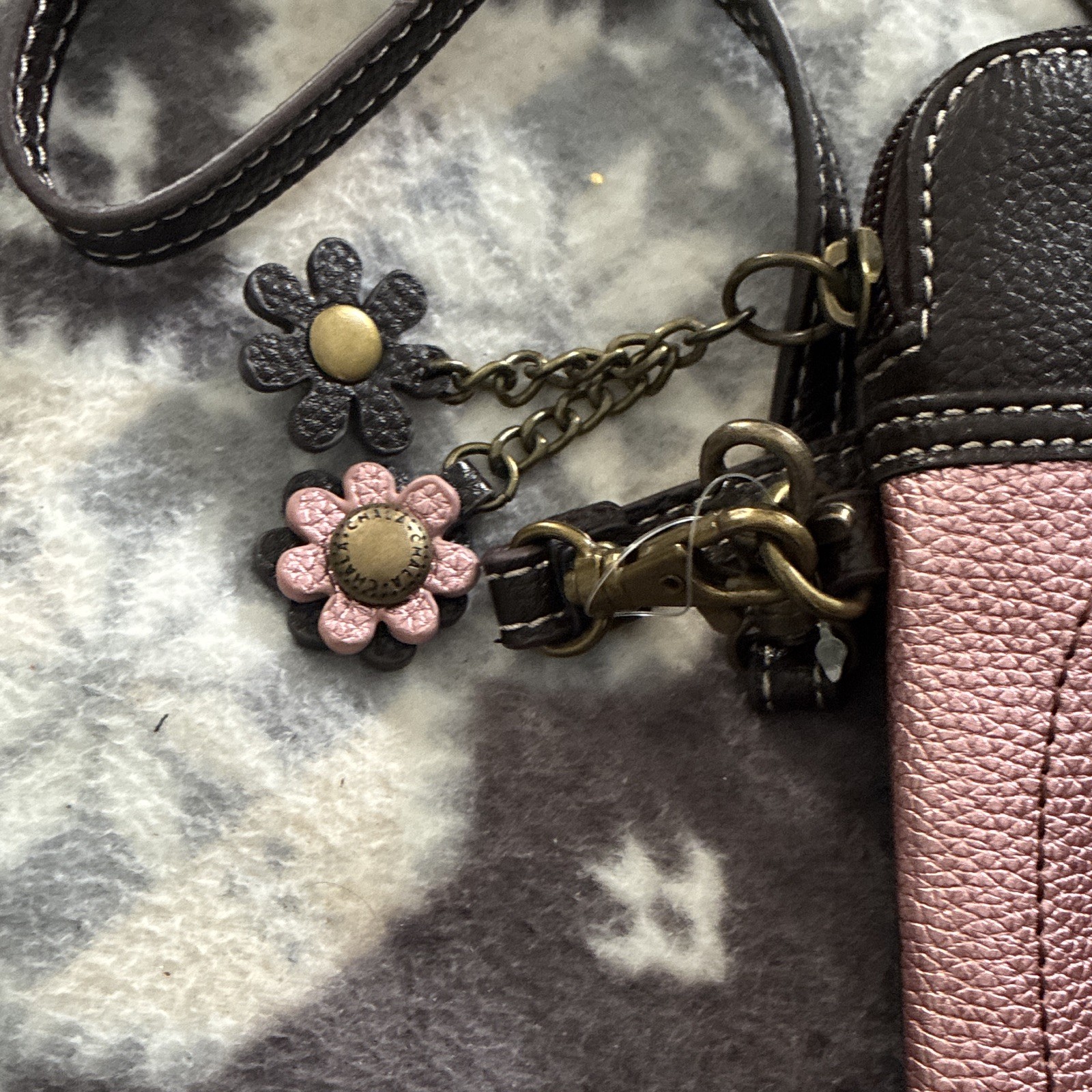 Chala Pink/Black Flamingo Applique Crossbody Bag, Zip Closure, Charm, Small