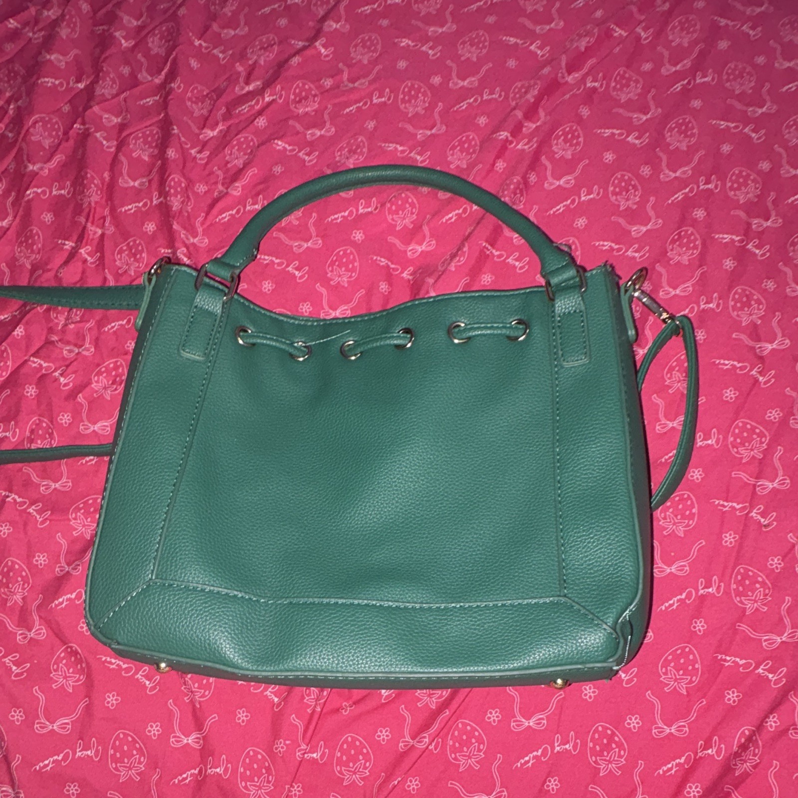 Green Animal Print Satchel Top Handle Detachable Strap Drawstring Snap Grommet