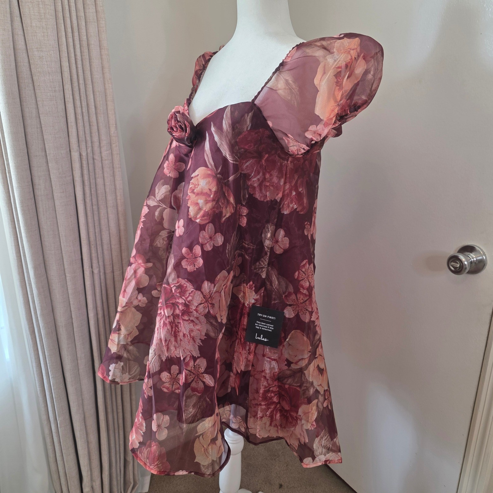 Lulus Mini Dress NWT Burgundy Wine Red Floral Rose Organza Babydoll Medium