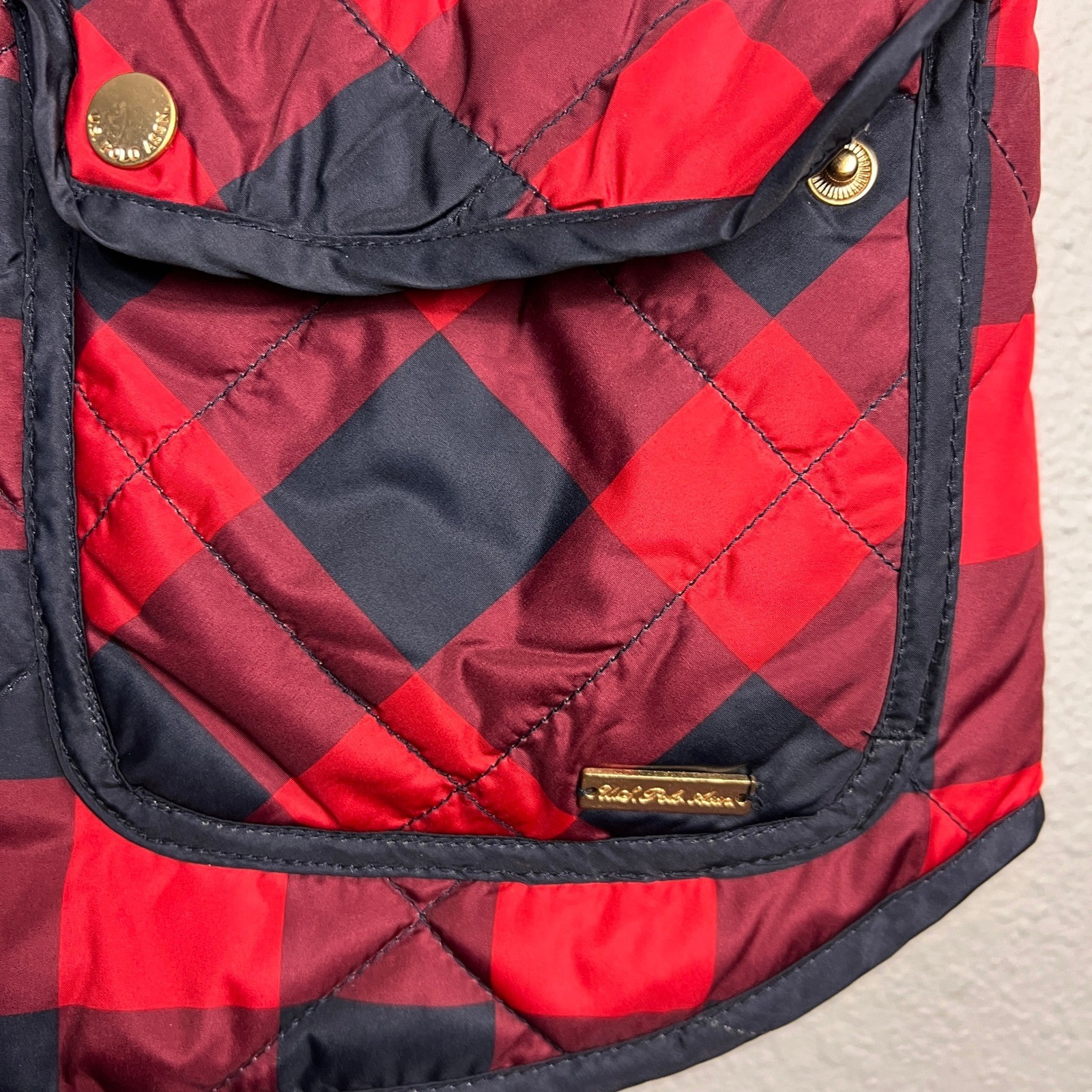 US Polo Assn Mens Red Navy Buffalo Plaid Quilted Puffer Vest Small Campfire Cozy