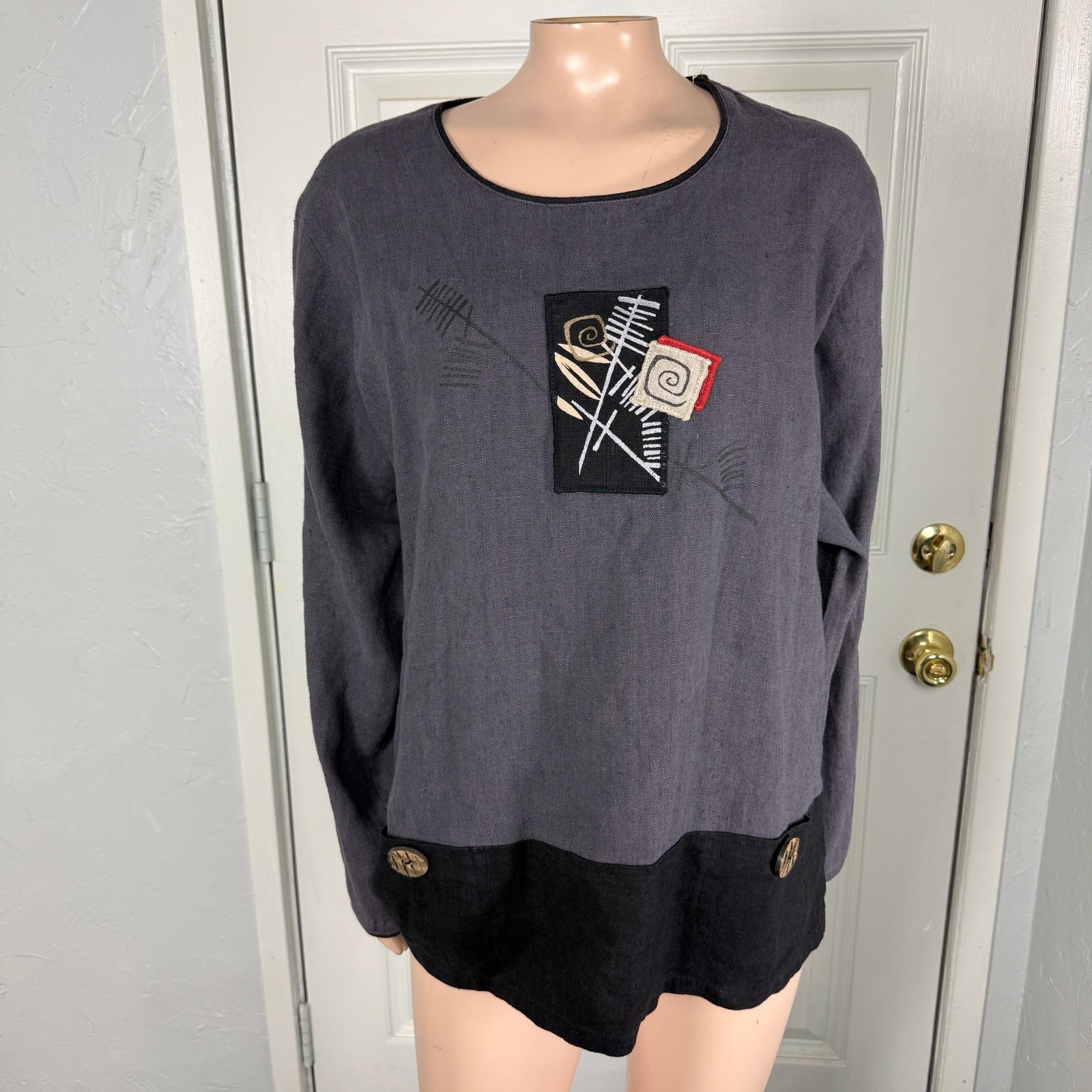 Fenini Women’s Shirt Large Linen Lagenlook Top Art to Wear L/S Painted Boho Z9