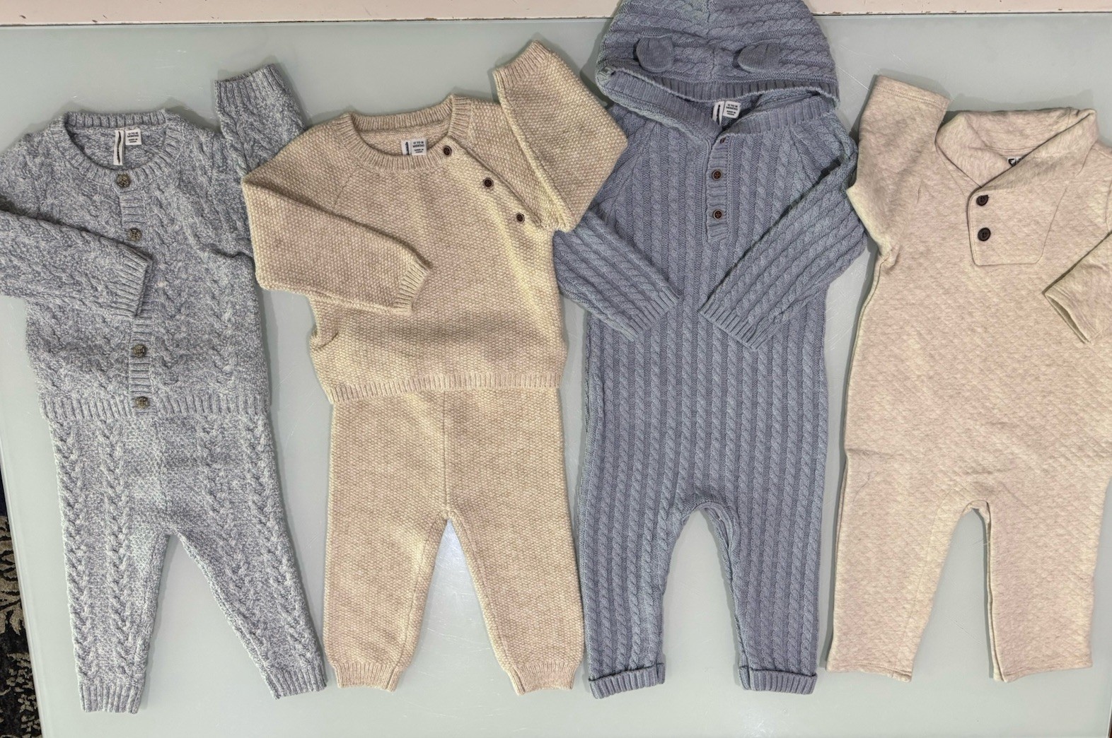 JANIE AND JACK Snow Cub Tan Cable Knit 14 PCS Set & Romper Size 12-18 Month