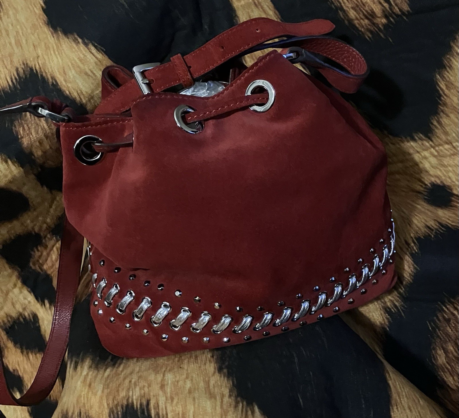 MICHAEL KORS RED HIPPIE JULES SUEDE CROSSBODY SILVER LACES, STUDS AND DRAWSTRING