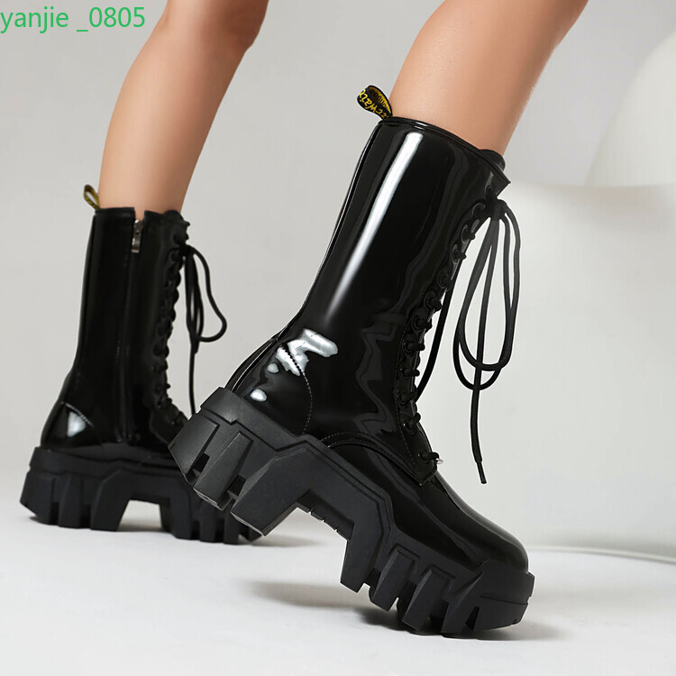 Gothic Women’s Faux Leather Platform Mid Calf Boots Lace Up Shoes Zip Block Heel