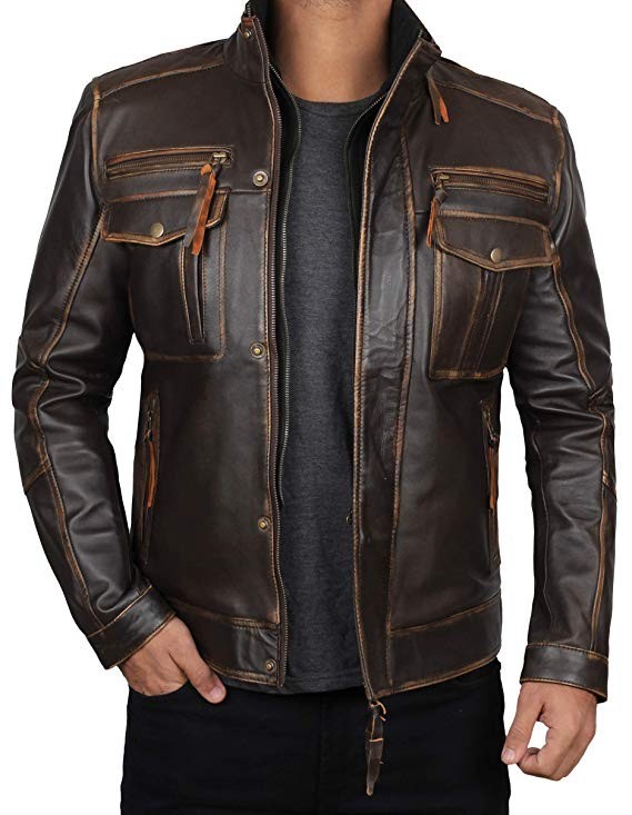 Men’s Distressed Leather RUB-OFF Jacket Vintage Brown Retro Biker Racer Coat