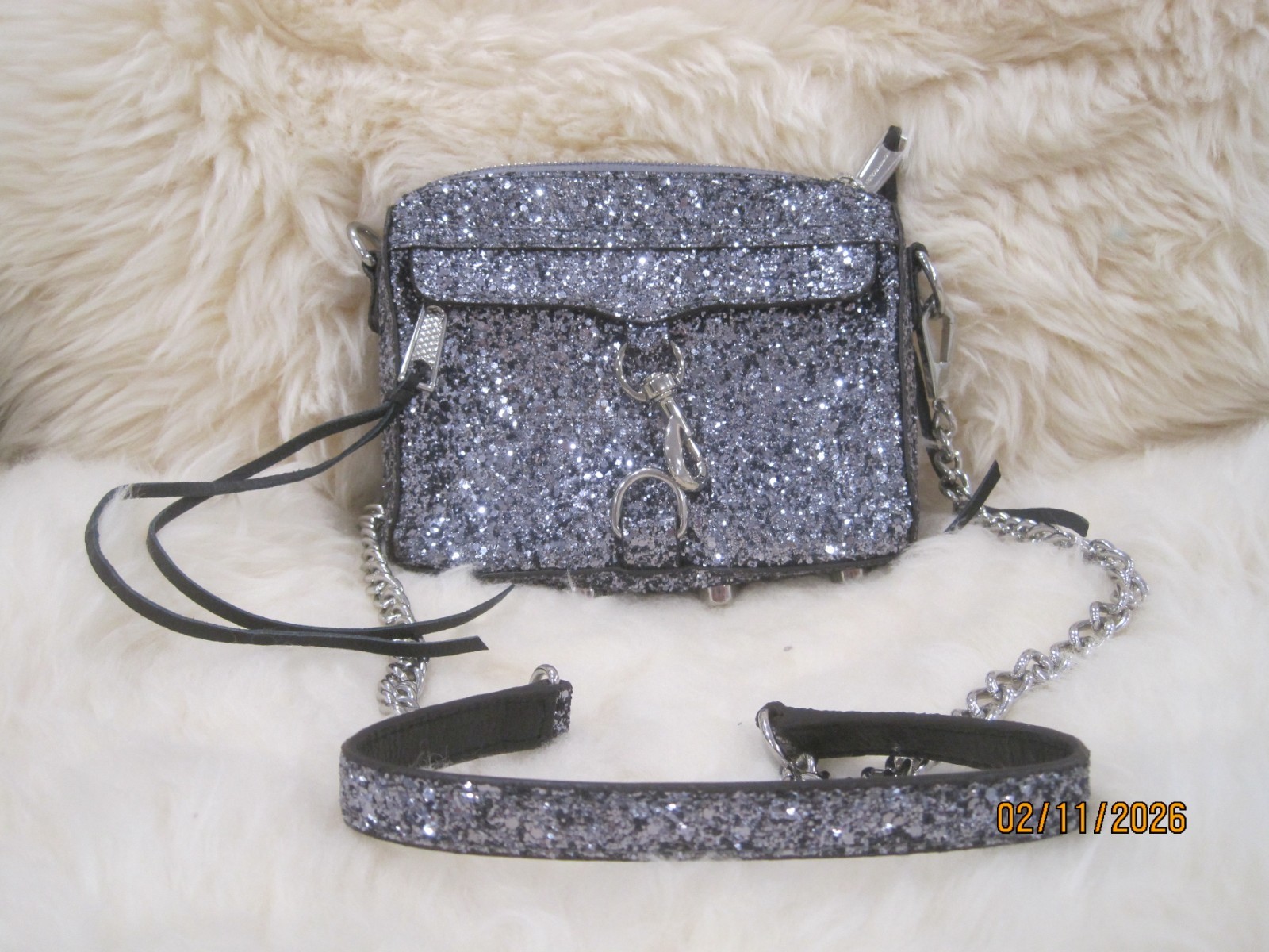 Rebecca Minkoff Micro MAC Silver Glitter Crossbody Bag NWT $195 PROM!