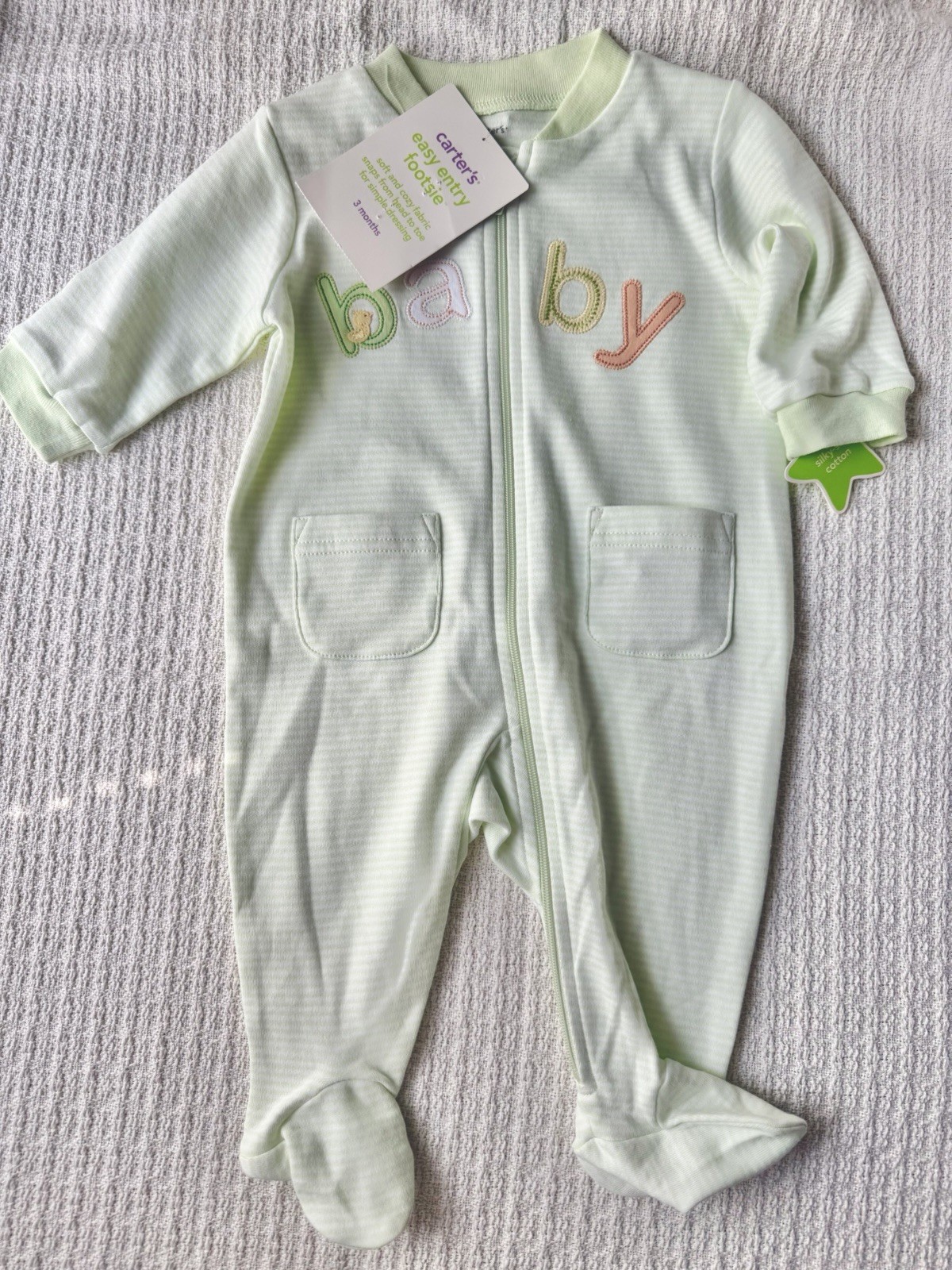 Carter’s 3 Months Green/White Striped Cotton Zip Footed One-Piece Sleeper