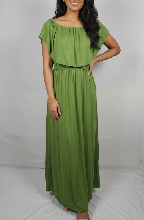Sugarlips Olive Green Ruffle Popover Maxi Dress Off Shoulder Ankle Length Size M