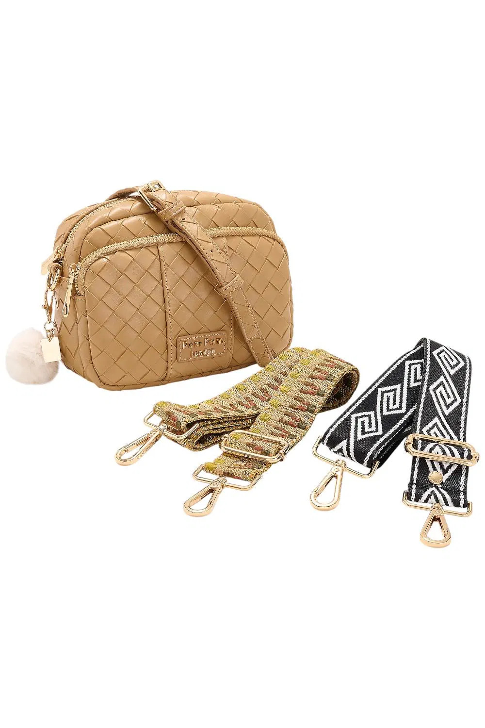 Pom Pom London Mayfair Leather Crossbody w/Multi Straps Caramel Woven