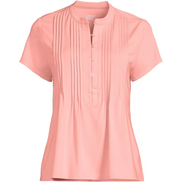 Lands’ End Womens Medium Short Sleeve Pintuck Blouse Top – Coral Pink
