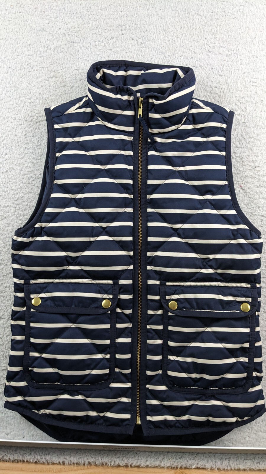 J Crew Down Vest Quilted Full Zip Size XXS Pockets Blue Sailor Stripes Yacht