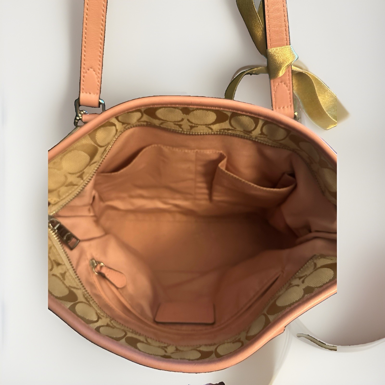 Coach Signature Monogram Tote Shoulder Bag Zip Closure Beige Tan Pink