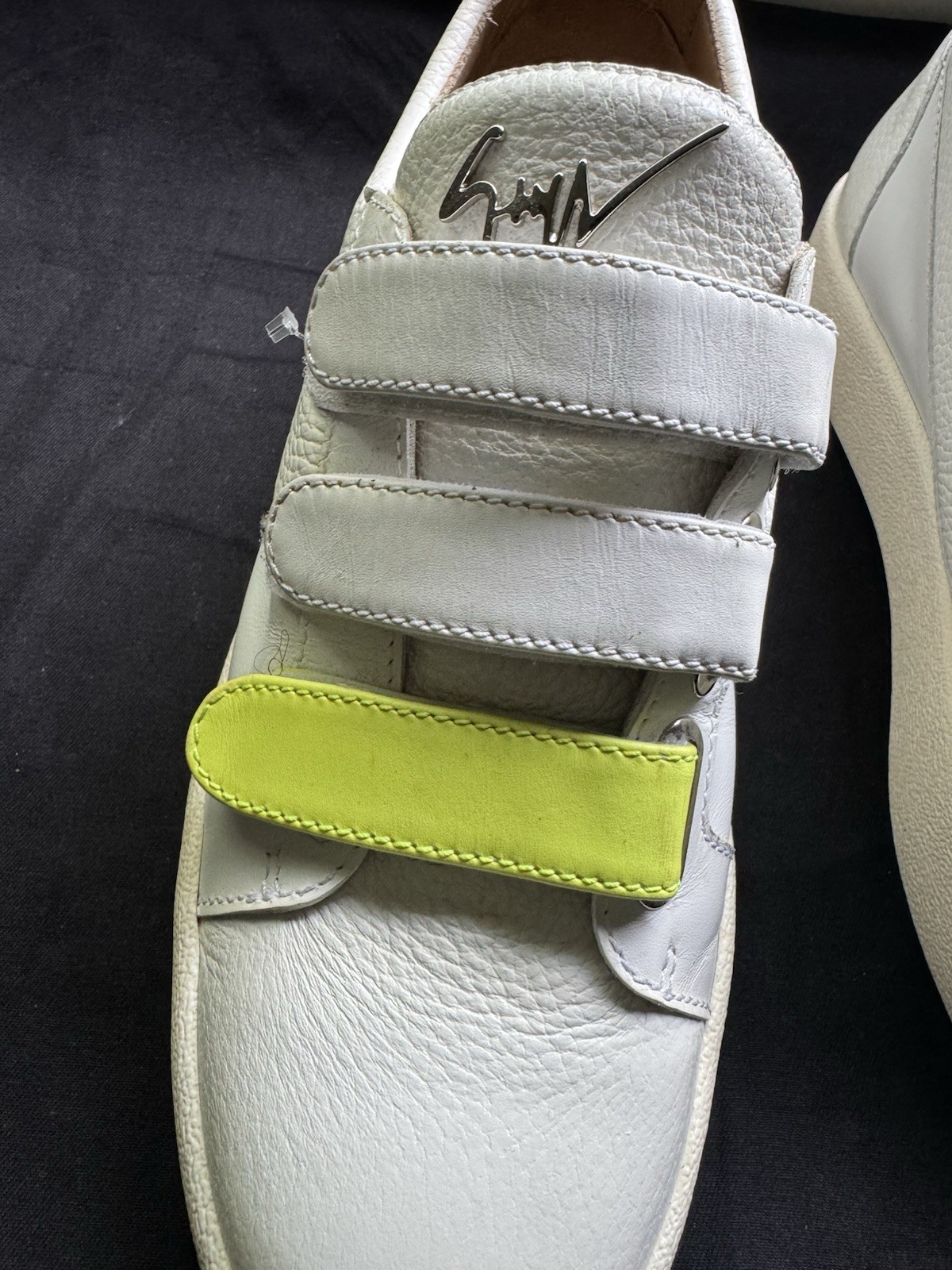 Giuseppe Zanotti Men’s Low Top Hook & Loop Leather Sneakers, White/Green/Yellow