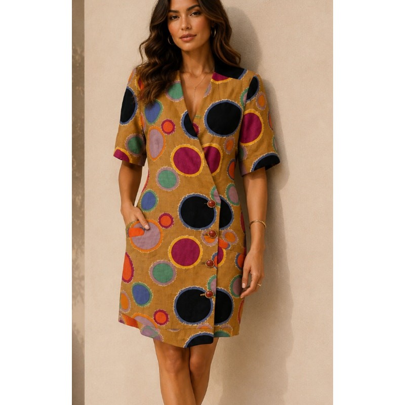 Vintage Teri Jon Colorful Polka Dot Print Linen Shift Dress – Size 6