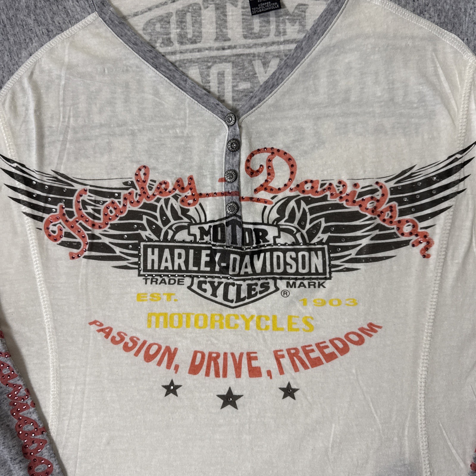 Harley Davidson Women’s White Gray Long Sleeve Bedazzled Jeweled Shirt 1W 18-20