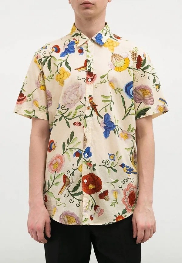 Botanical Floral Short Sleeve Shirt Casual Vintage Bird Flower All Over Print