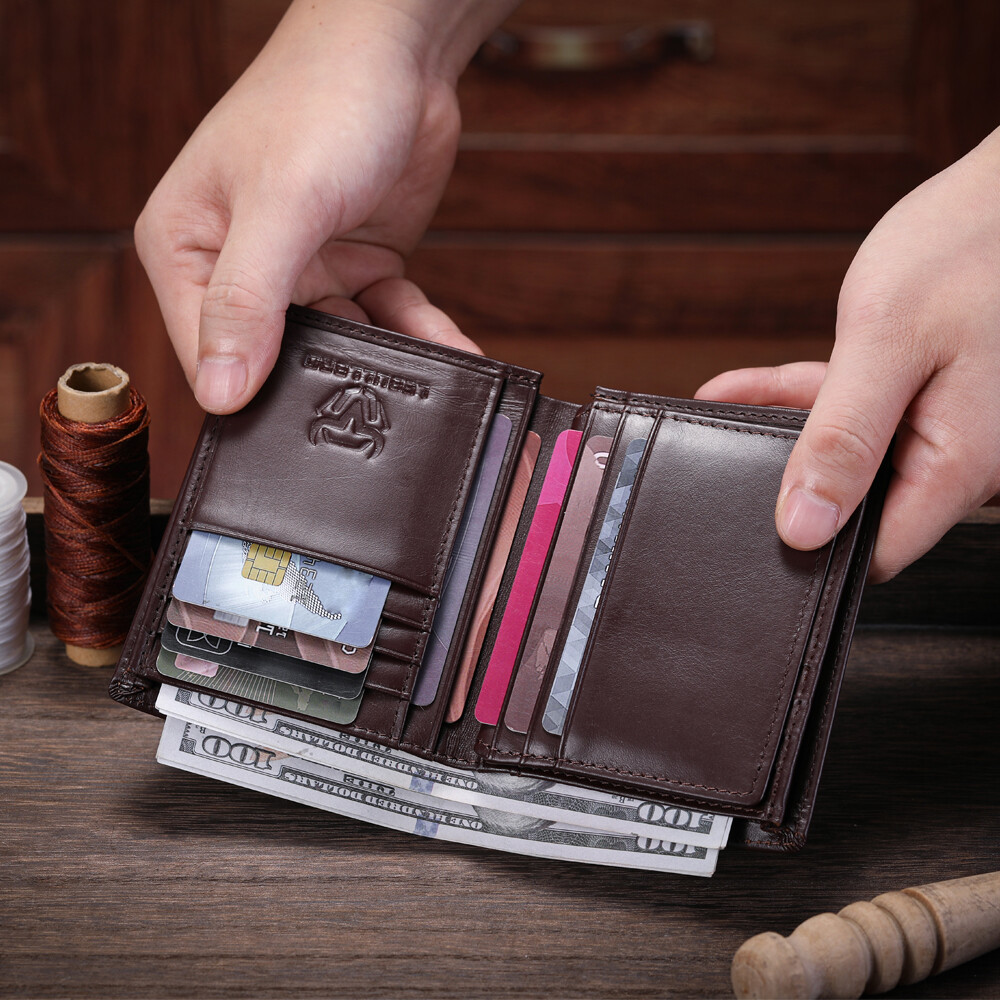 Mens Cowhide Leather Wallet RFID Blocking ID Card Holder Coin Purse Thicken New