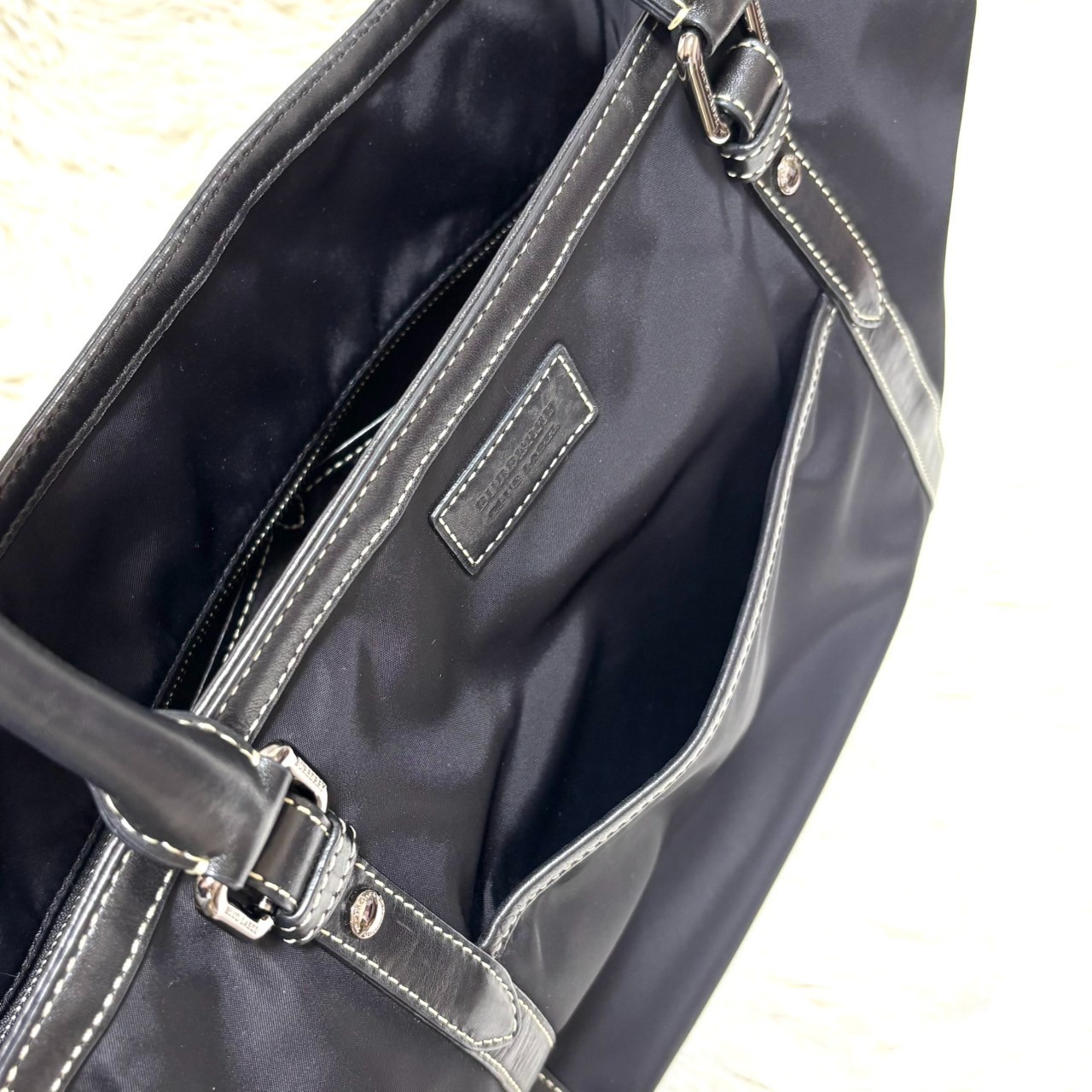 Burberry Blue Label Nylon Leather Tote Bag Horse Logo Black