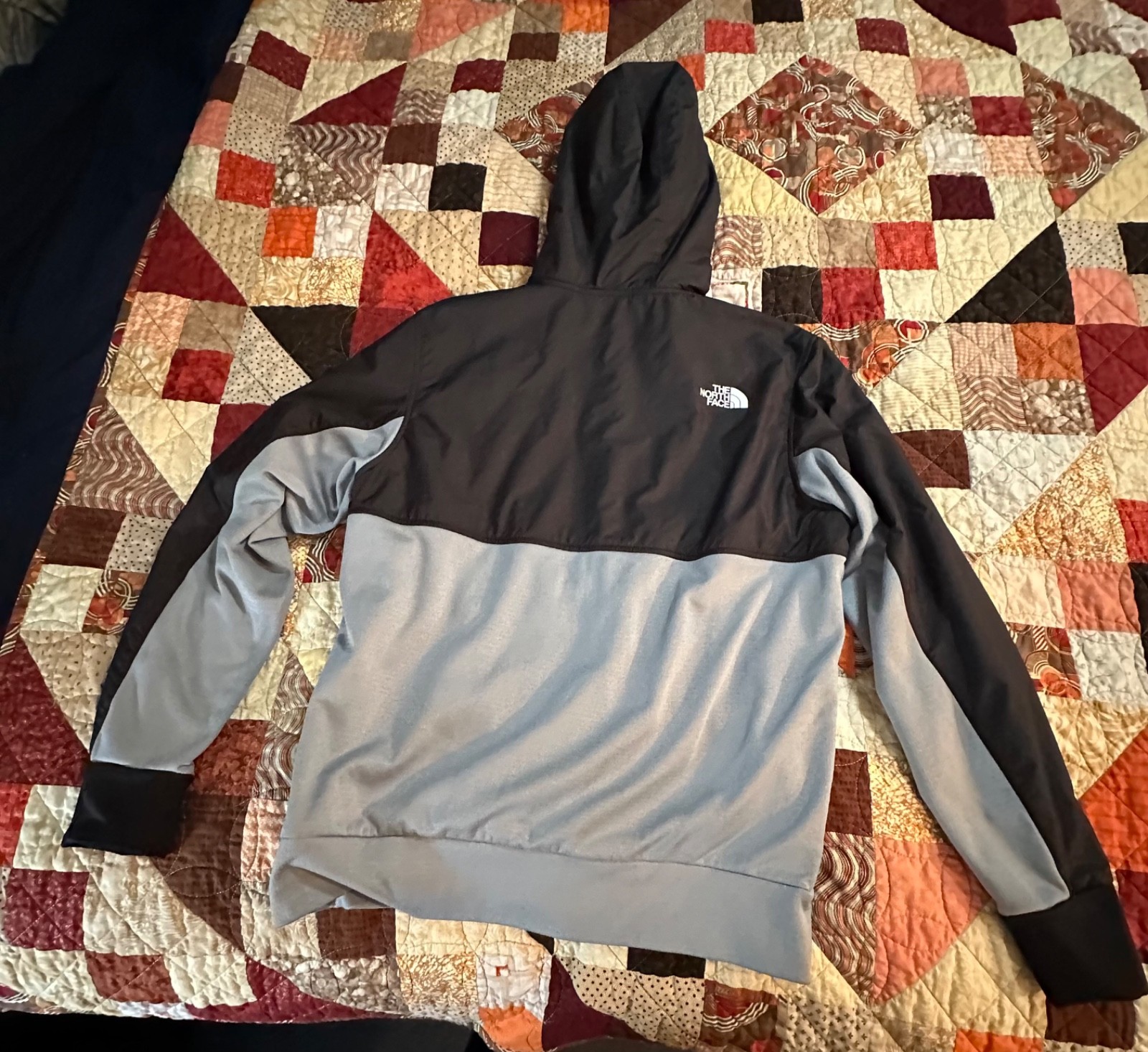 NORTH FACE BLACK / GRAY HOODED JACKET FULL ZIP FLEECE LINED WINDBREAKER SIZE M