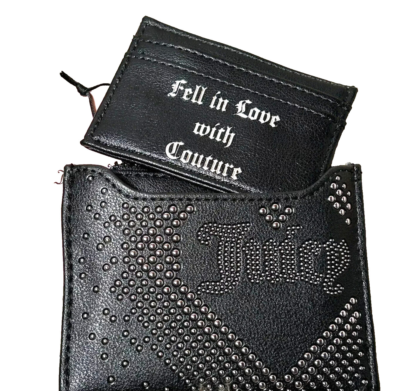 NWT Juicy Couture 2 Piece Set Bifold Wallet + Card Case Silver Tone Studded Logo