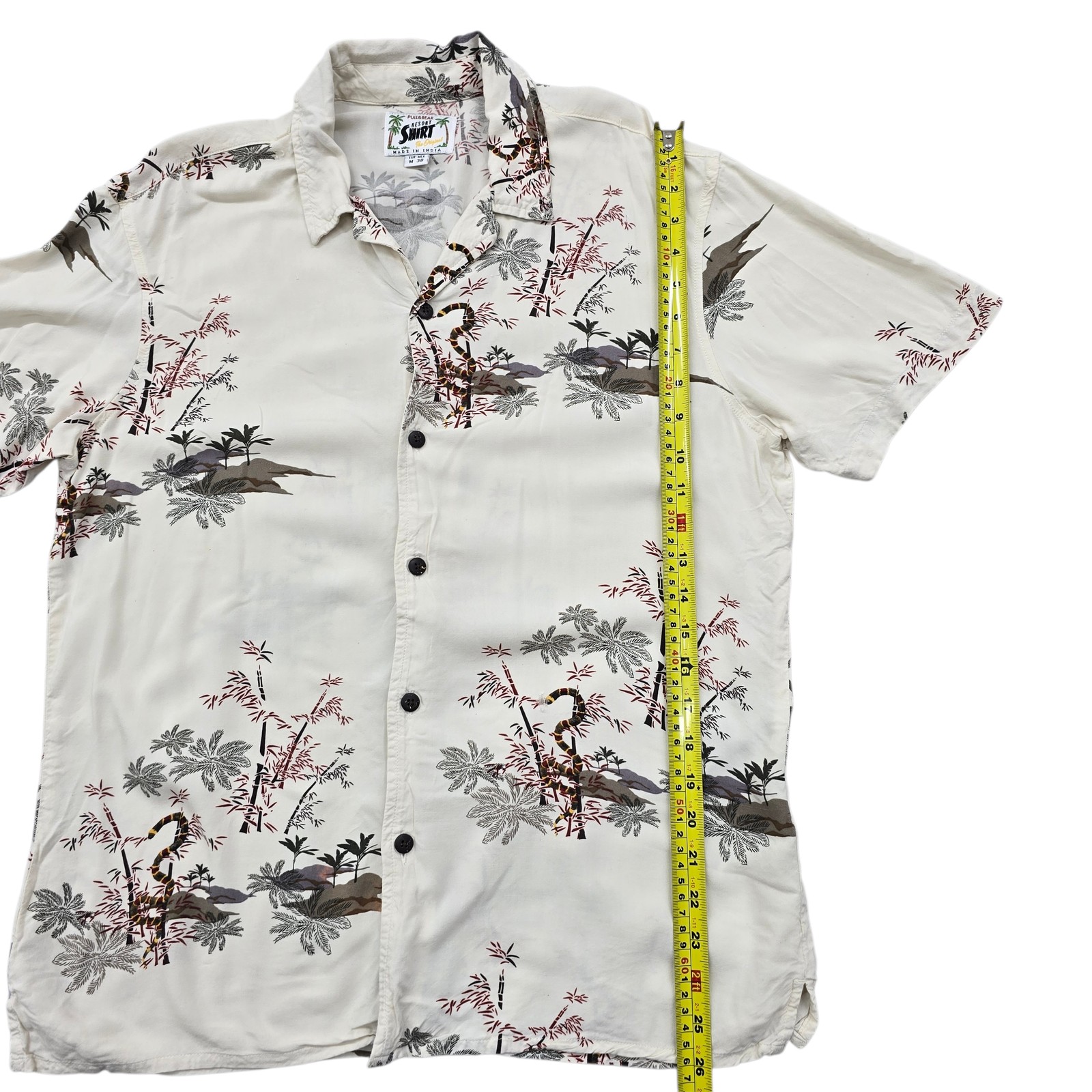 Pull & Bear Mens Shirt M Cream Tropical Bamboo Bird Resort