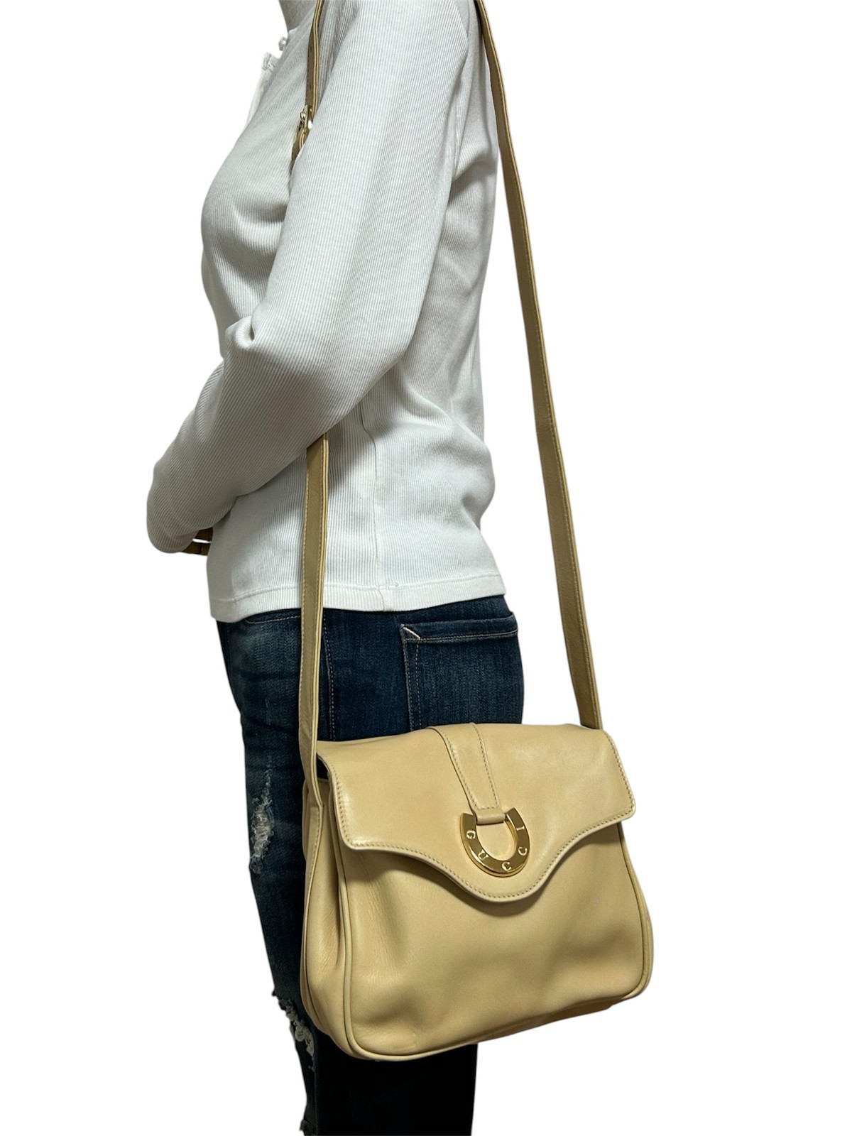 Gucci Horseshoe Shoulder Bag Ivory Tan Leather Gold Hardware Vintage Authentic