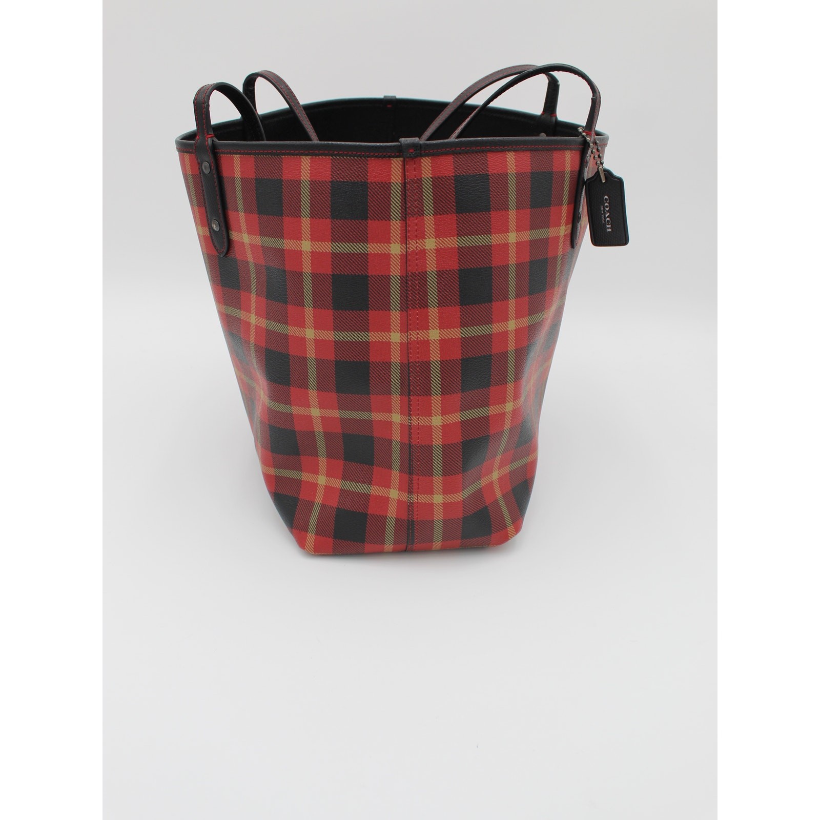 Coach Reversible City Tote Bag Red Black Plaid Large Purse Travel Preppy