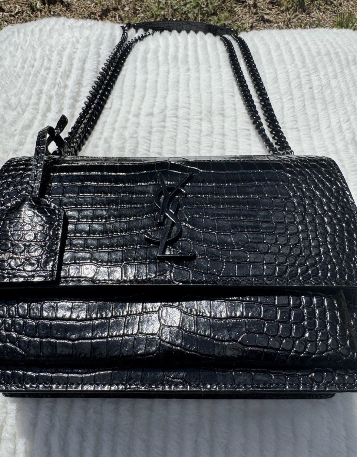 Saint Laurent Sunset Medium YSL Crossbody Bag in Croc-Emboassed Leather
