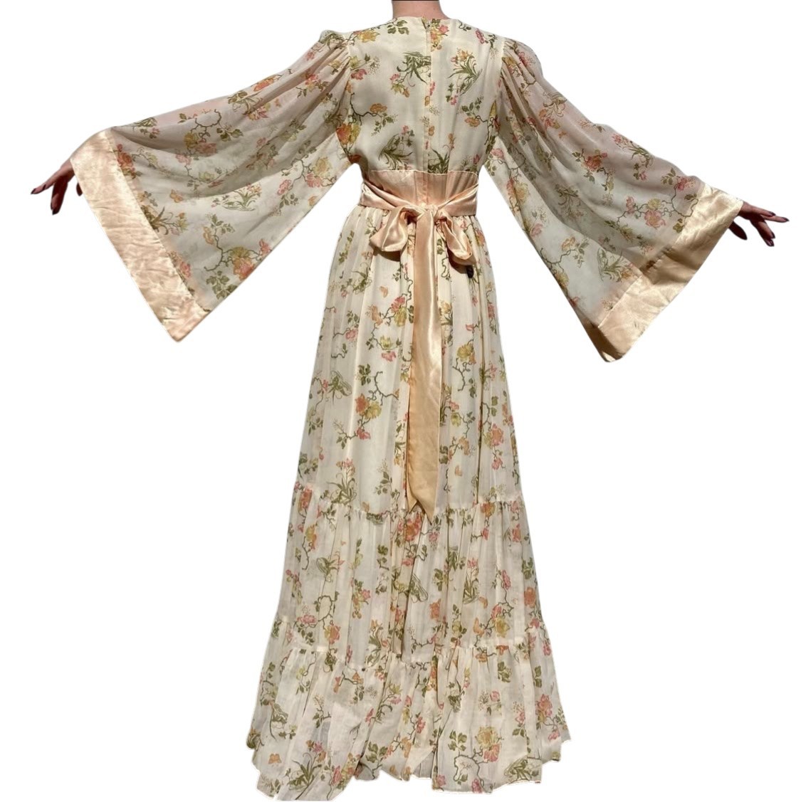 70s Rare Gunne Sax By Jessica Maxi Floral Butterfly Print Angel Kimono Sleeve