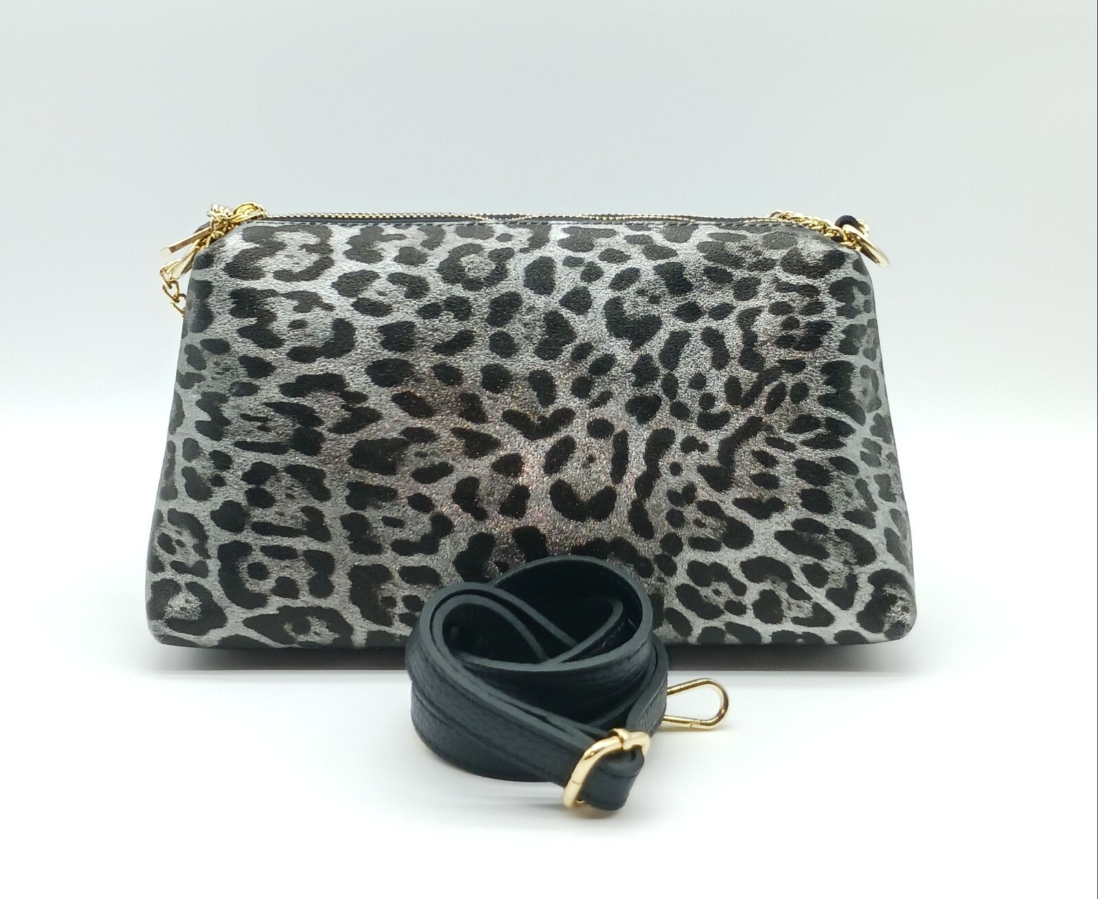 Italian Genuine Leather Metallic Gunmetal Leopard Crossbody Bag Made In Italy